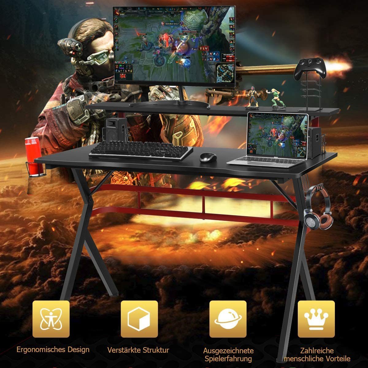 Haken 2 COSTWAY schwarz+rot Gamingtisch, Monitorständer, 120cm Boxen-Ständern, mit