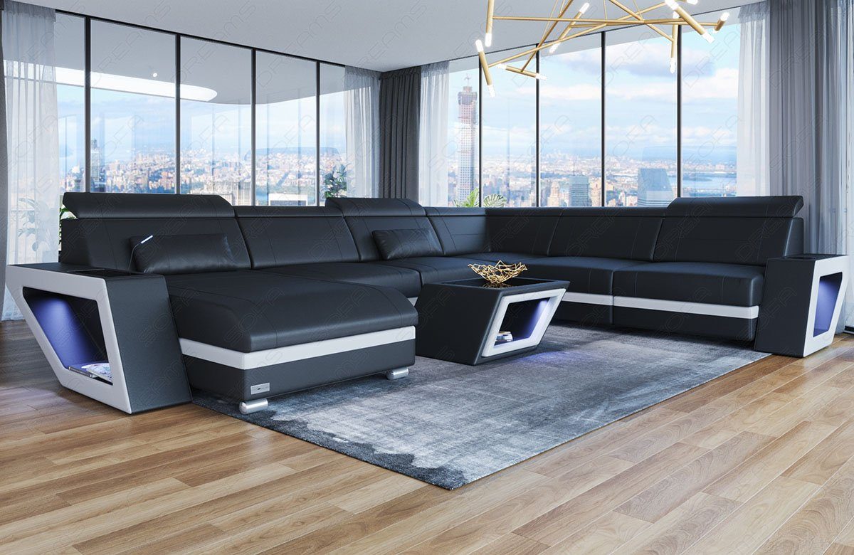 Sofa Dreams Wohnlandschaft Leder Sofa Couch Catania XXL U Form Ledersofa,  mit LED, wahlweise mit Bettfunktion als Schlafsofa, Designersofa