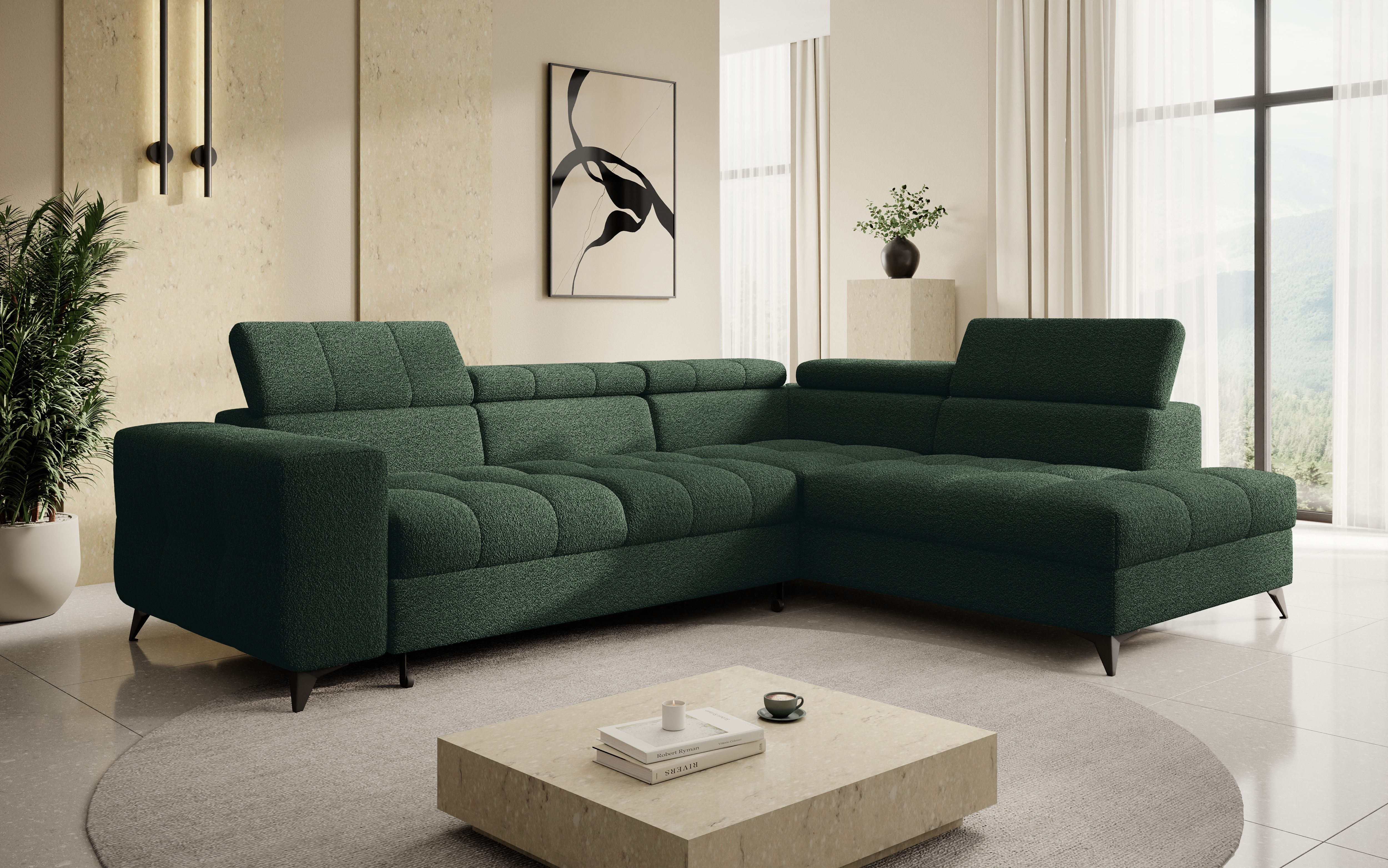 thematys Ecksofa SORANO mit Schlaffunktion & Bettkasten – L-Form, Bouclé und Velours, - mit verstellbaren Kopfstützen, – L-Form 270×203 cm – Schlafsofa mit Auszug, – L-Form 270×203 cm – Schlafsofa mit Auszug