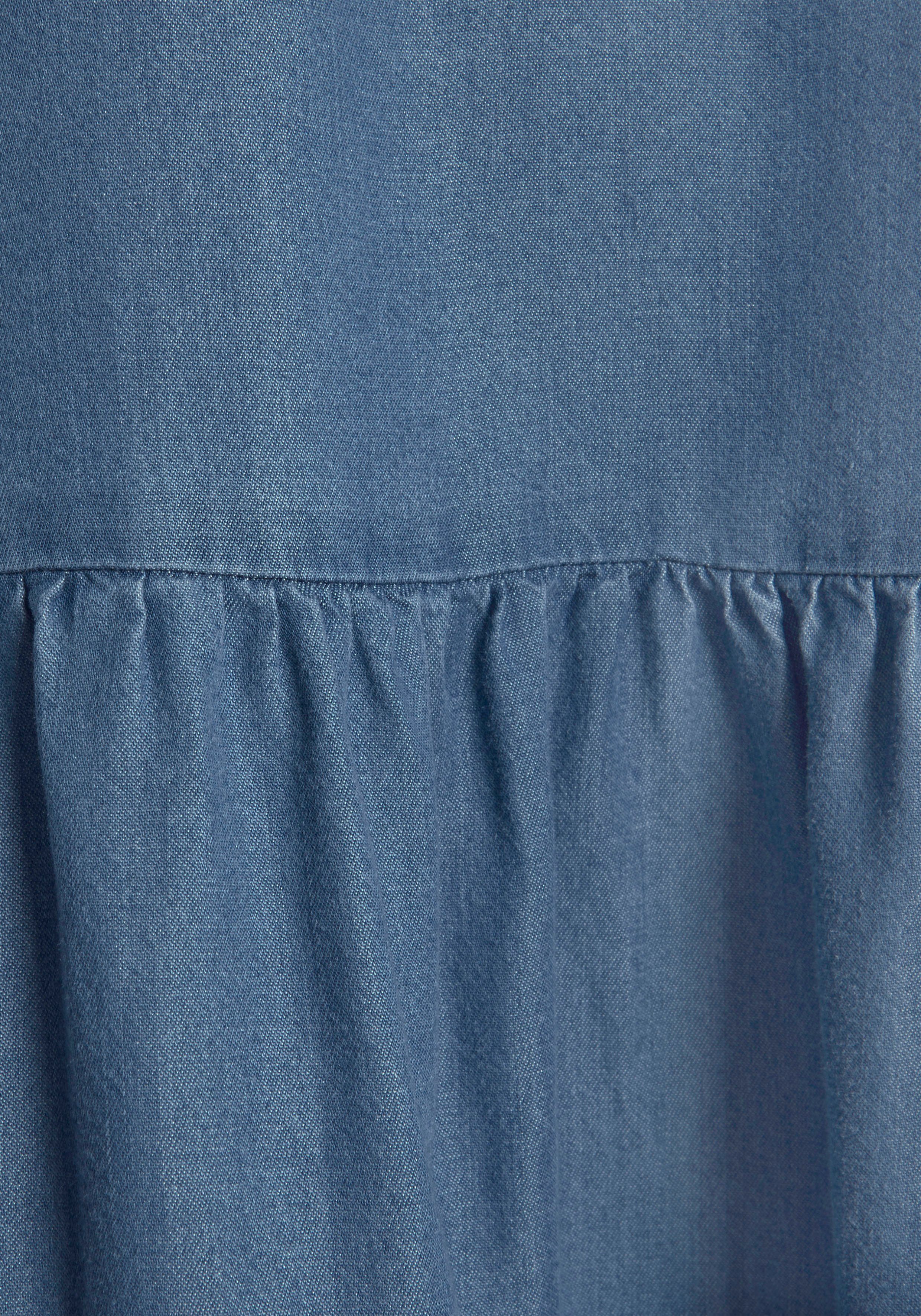 LASCANA Jeanskleid mit Rüsche am Kragen und kurzer Knopfleiste, Blusenkleid Sommerkleid aus weicher Lyocellware, lockeres Tunikakleid, Festival