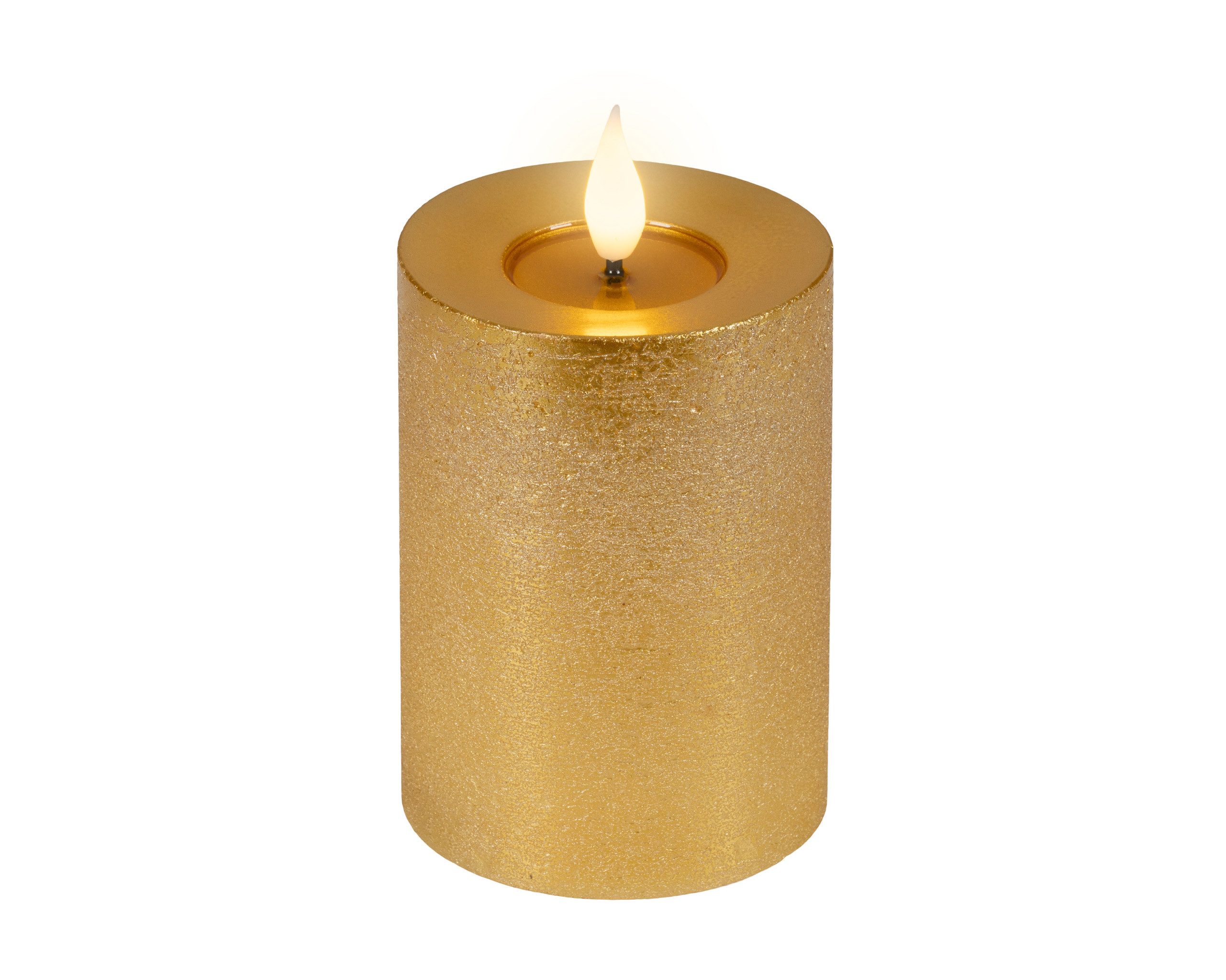 Lumineo LED-Kerze, Timer, warmweiß, LED Kerze 7,5x13,5cm mit Timer Wachs Flacker-Effekt Gold / Warmweiß