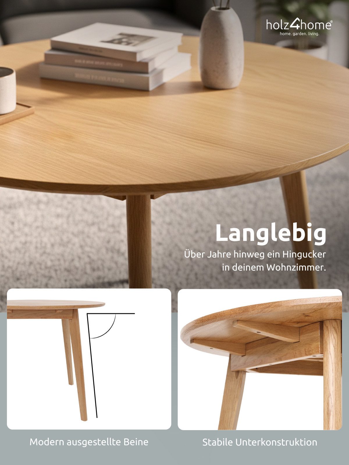 holz4home® Esstisch Rund aus Eichenholz Massiv I Wohnzimmertisch Modern, Rund – Bild 4 von 5