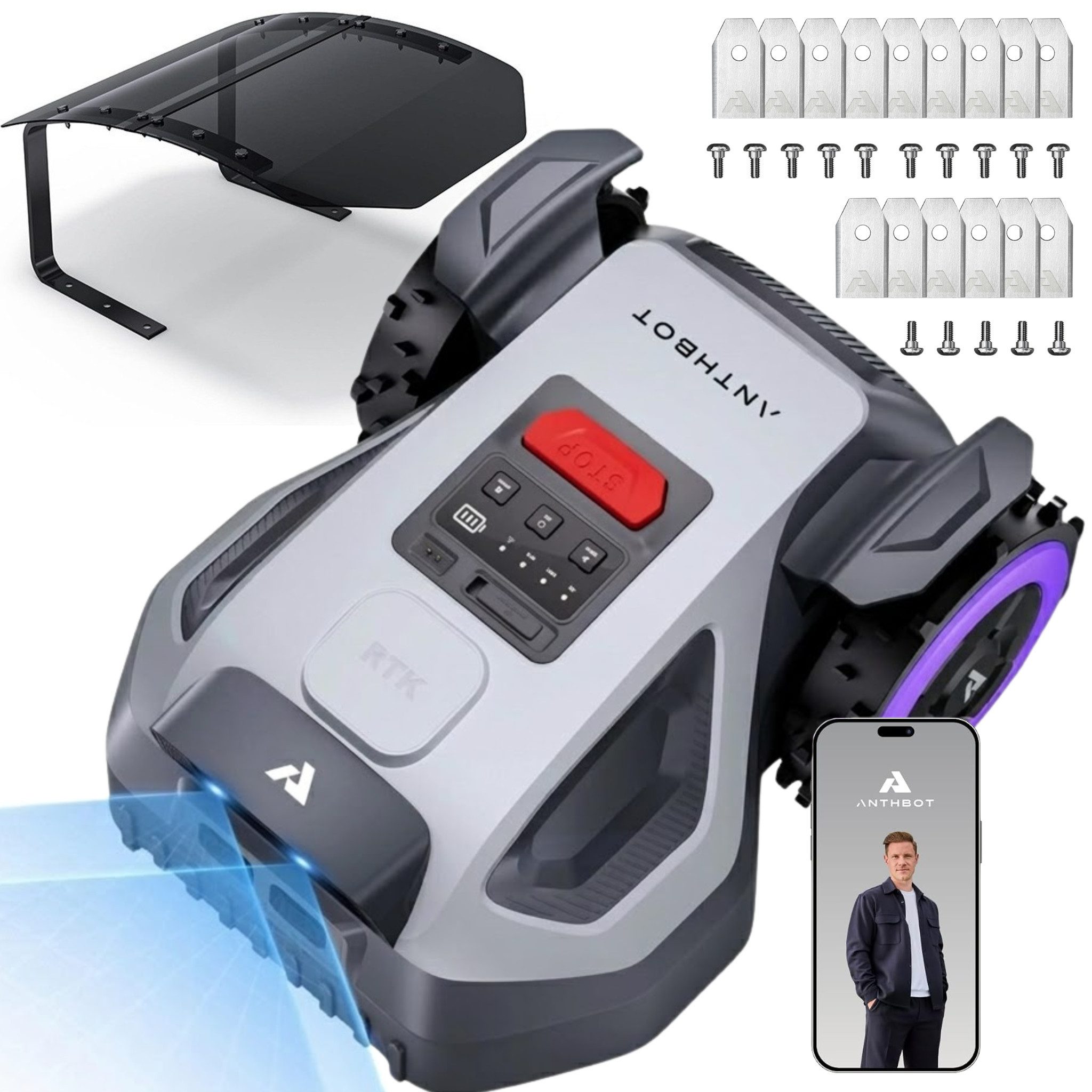 ANTHBOT Rasenmähroboter M-Serie Set, Mähroboter ohne Begrenzungskabel, (RTK-Navigation • HDR-Dual-Vision • 45% Steigung), Kantenmähen, Multizonen, Schnitthöhe per App, IPX6