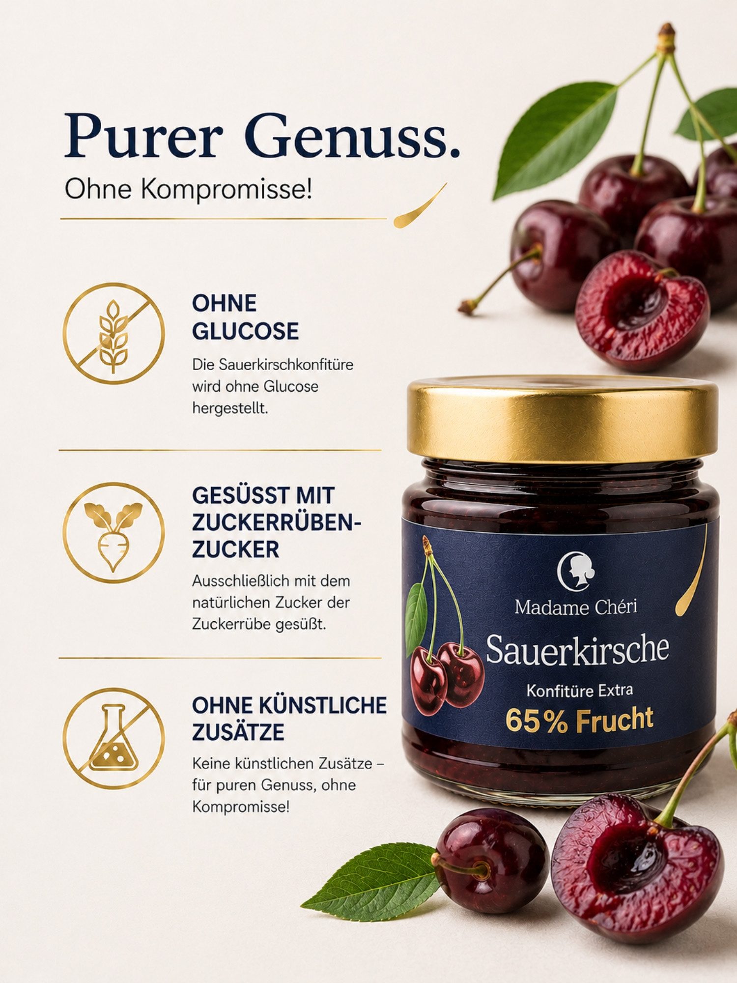 Madame Chéri Fruchtaufstrich Konfitüre Extra 65% Frucht Ohne Glucose Feinkost Genuss, Ohne Glucose, Ohne künstliche Zusätze