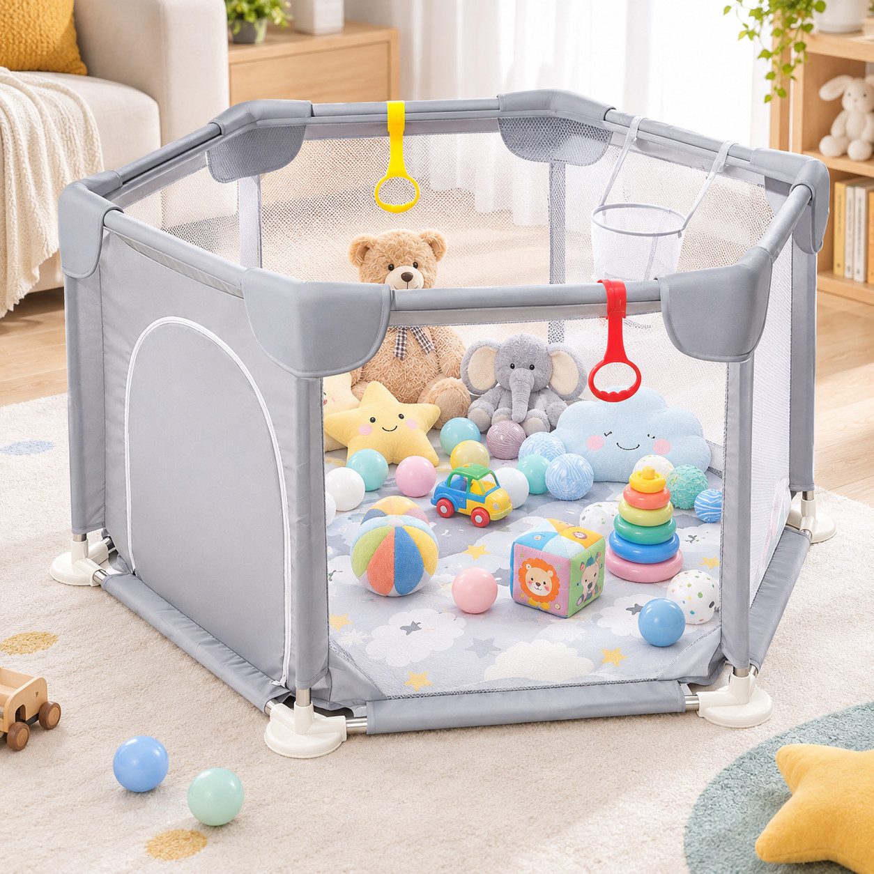 DUMOS Laufgitter Sicherer Baby Laufstall Grau, aufgerüstet mit Spielzubehör & Matte