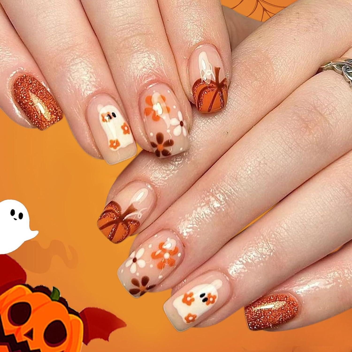 LuxusKollektion Kunstfingernägel Nägel 24 Press on French Square Acryl Halloween Orange Kürbis