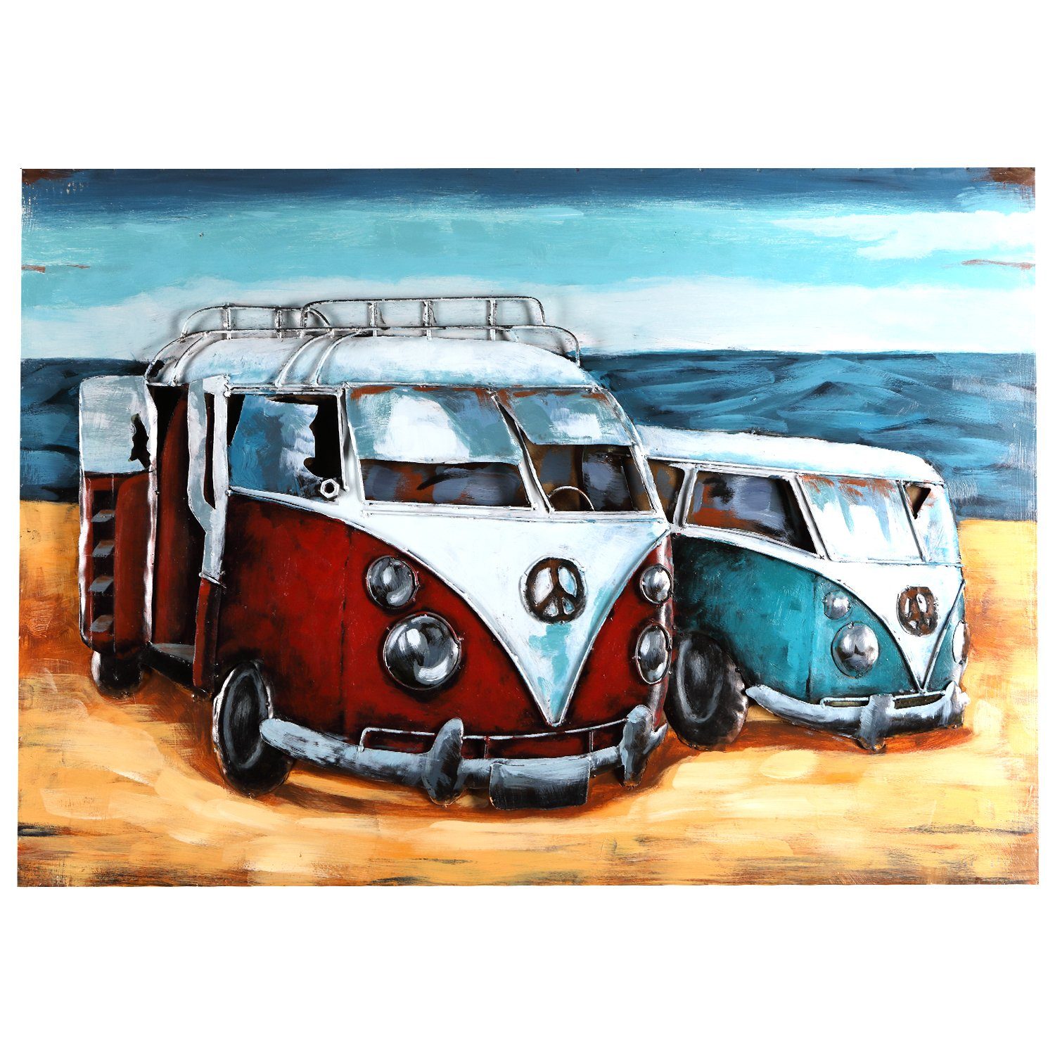 Home4Living Metallbild Wandbild handgefertigt 100x70cm Relief Unikat Bild, Strandbusse, 3D Effekt, Bulli
