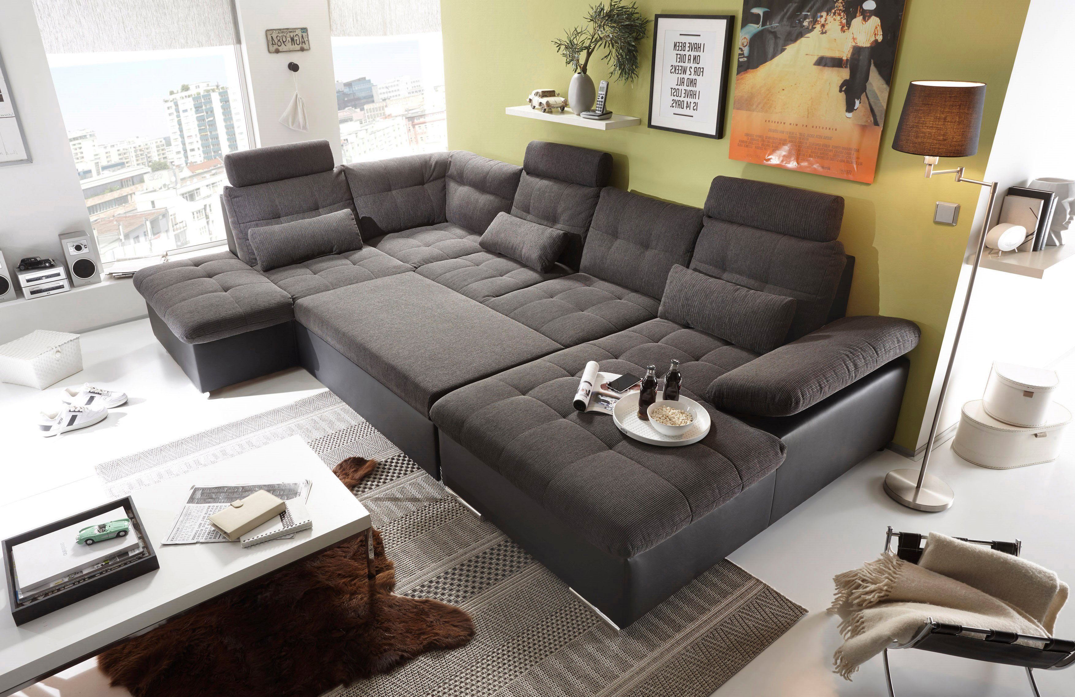 ED EXCITING DESIGN Wohnlandschaft Jakarta U-Form mit Bettfunktion, Bettkasten, Armteilverstellung, Kopfstützen & 3 Nierenkissen