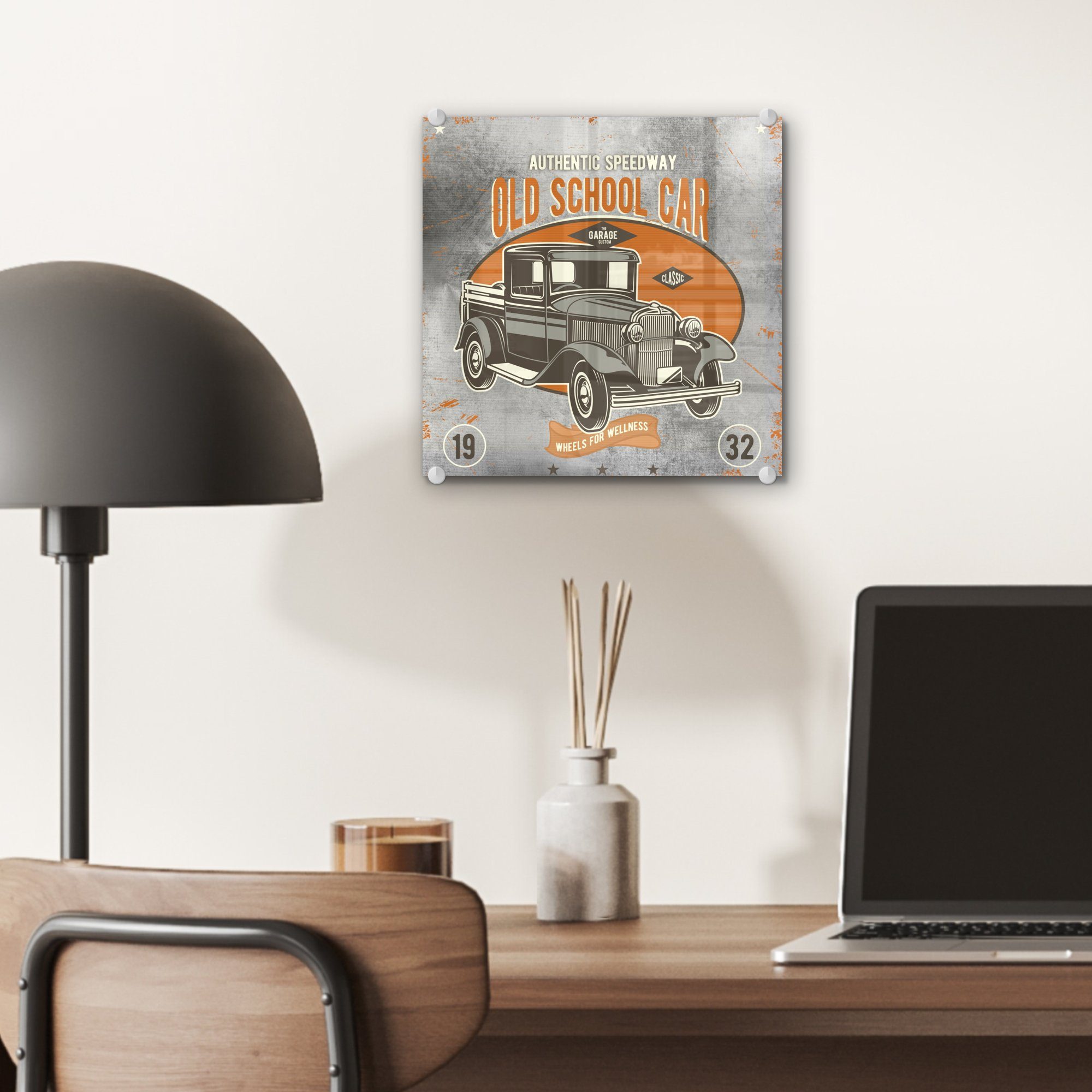 Glasbilder St), (1 Mancave - - Bilder Glas auf Glas Acrylglasbild Foto - Wanddekoration auf Auto MuchoWow - Wandbild Oldtimer, - - Retro