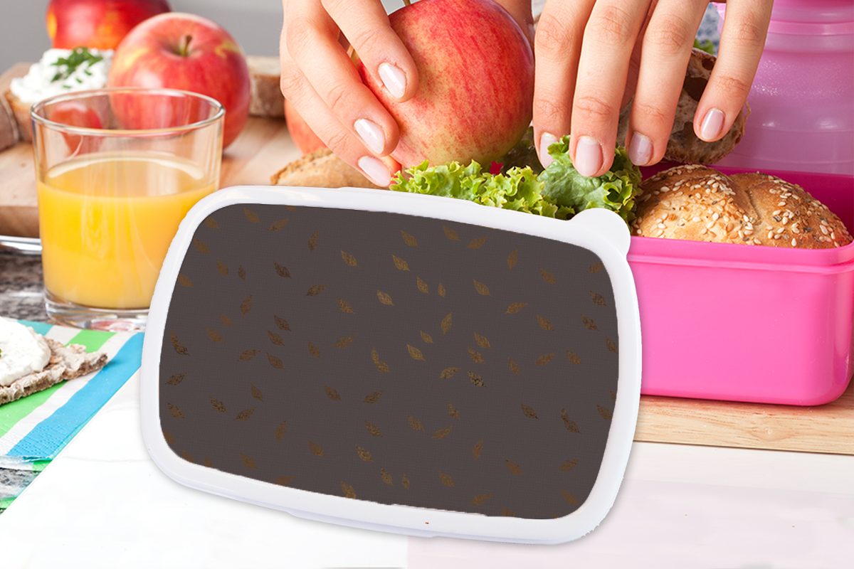 MuchoWow Lunchbox Muster Brotdose (2-tlg), - Brotbox rosa Grau Mädchen, Snackbox, Kinder, Erwachsene, - Kunststoff Kunststoff, - Blätter, Gold für