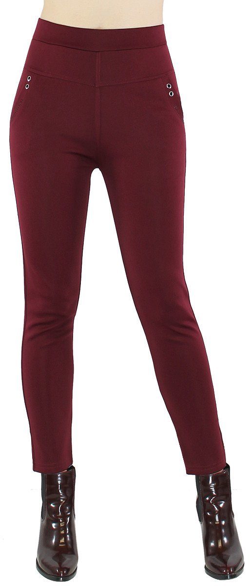 in Elegante mit Lässig Stretch-Treggings Bund Hineinschlüpfen elastischem zum Damen DH110-Weinrot Unifarbe, Röhrenhose Röhrenhose dy_mode