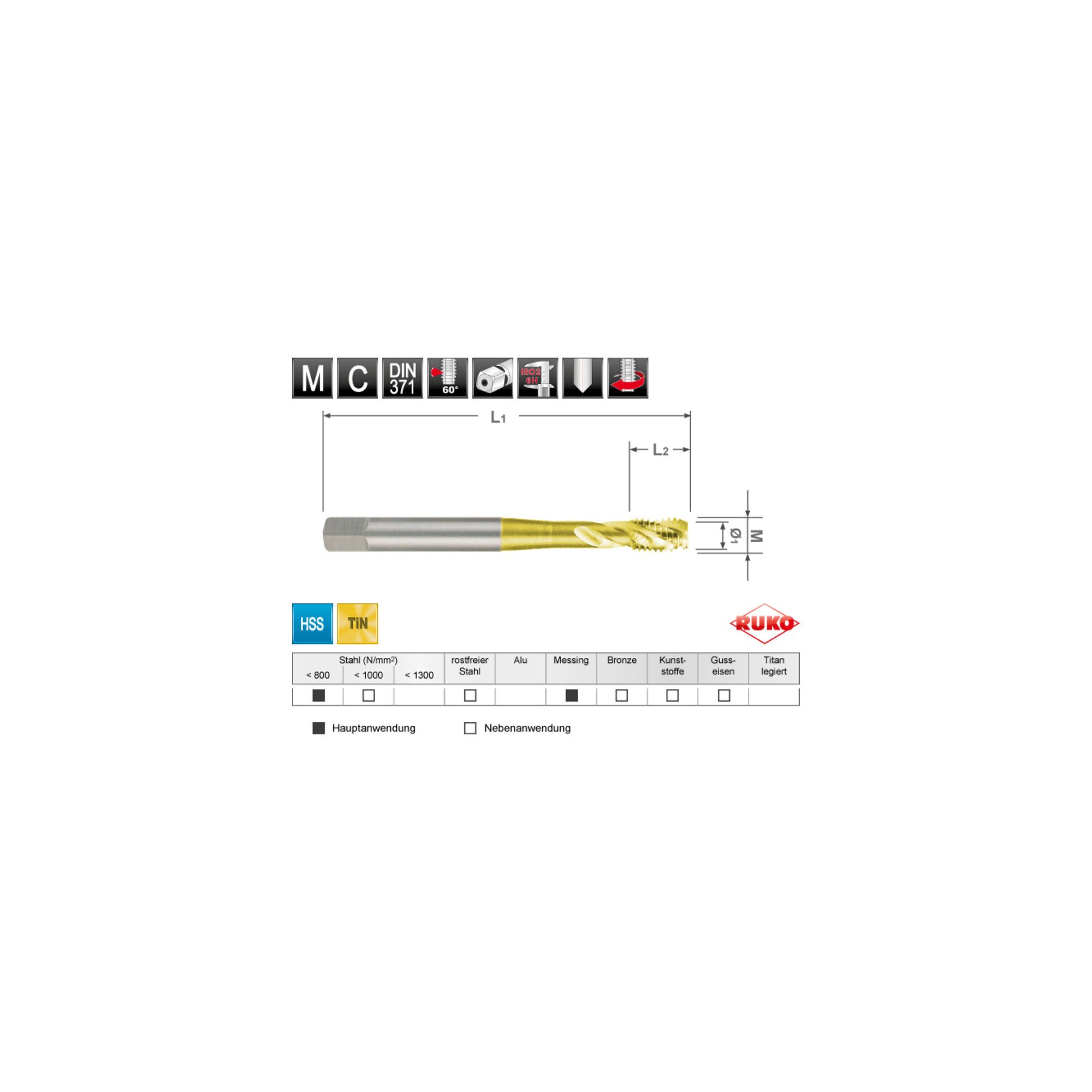 Ruko Gewindebohrer RUKO Maschinengewindebohrer M DIN 371 HSS-TiN M 4, Form C / 35° RSP