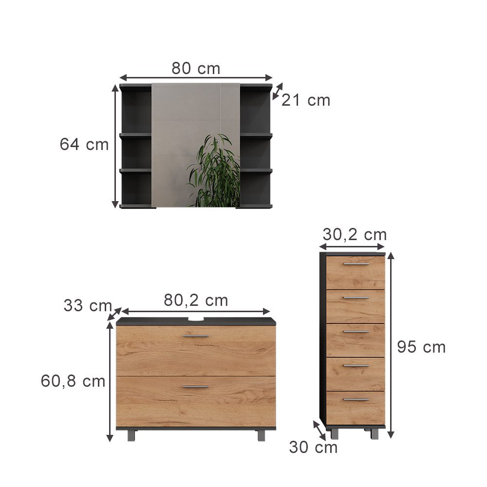 Vicco Badmöbel-Set Ilias, Goldkraft Eiche/Anthrazit/Anthrazit, 3 günstig online kaufen