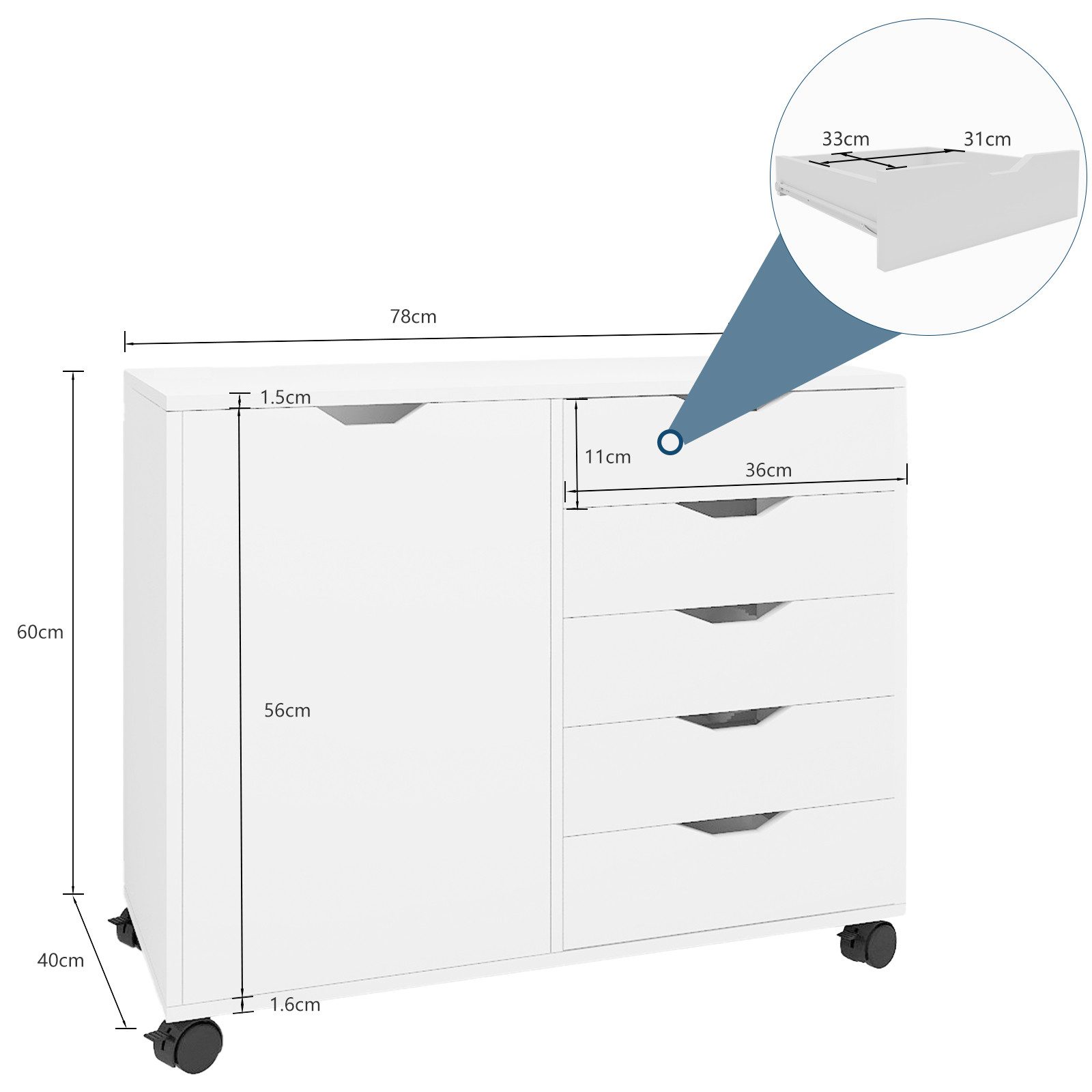 PUNCIA Aktenschrank mit Rollen Büroschrank mit 5 Schubladen, Rollcontainer (1-St)