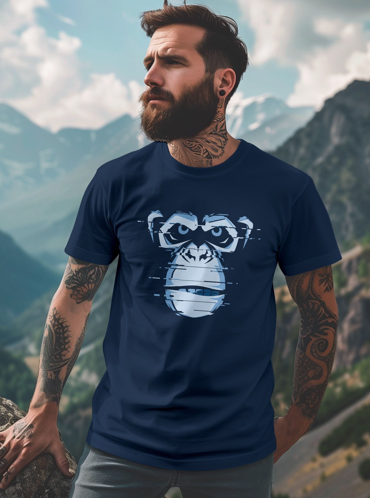 Neverless Print-Shirt Herren T-Shirt Brustprint Affe Motiv Digital-Art Aufdruck Printshirt mit Print – Bild 3 von 5