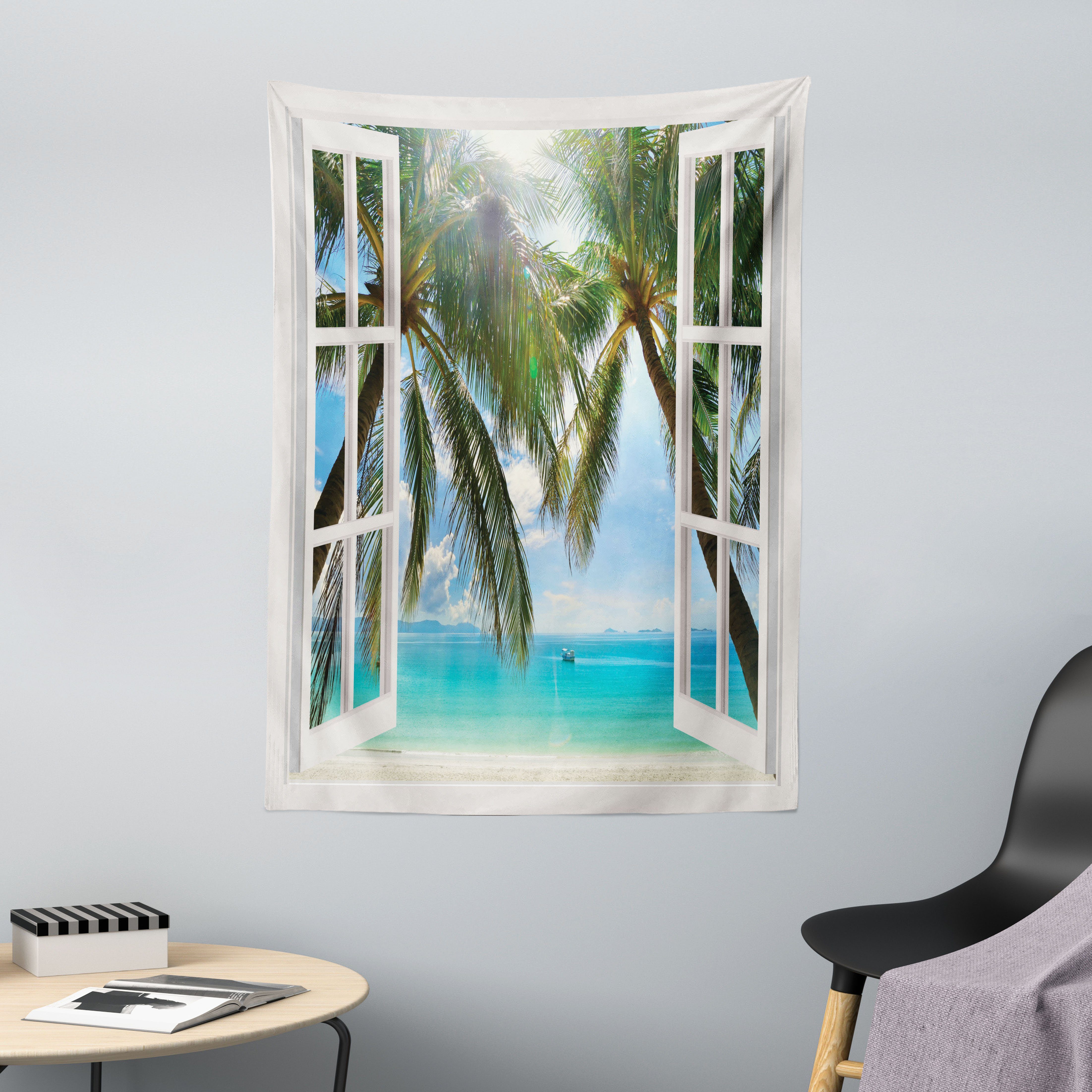 Wandteppich aus Weiches Mikrofaser Stoff Für das Wohn und Schlafzimmer,  Abakuhaus, rechteckig, Tropisch Fenster zum exotischen Strand
