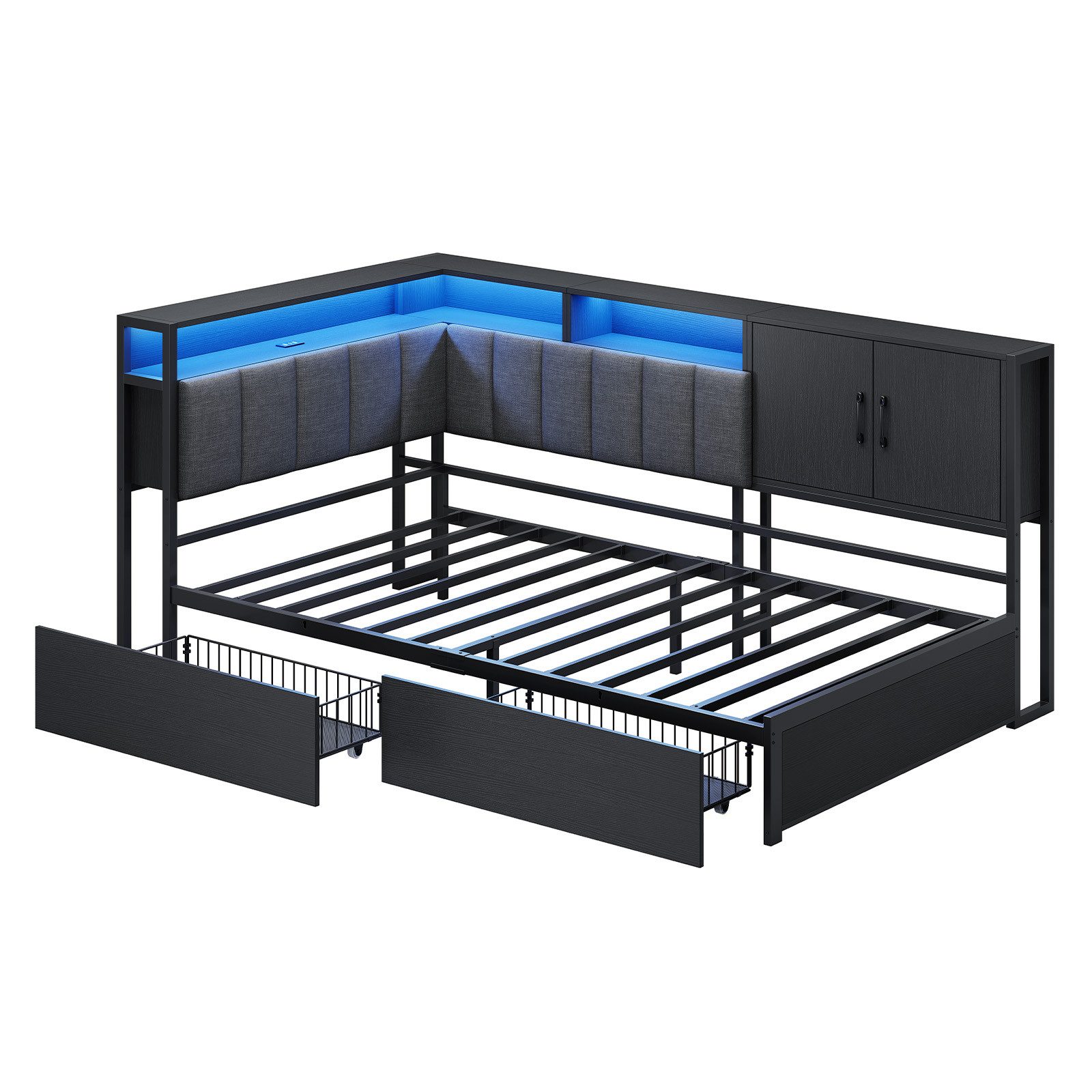 KIMENICH Polsterbett Schlafsofa mit LED-Beleuchtung, Jugendbett mit 2 Schubladen (1-tlg., Ohne Matratze), Kopfteil mit offenem Regal und Schrank, 90x200cm
