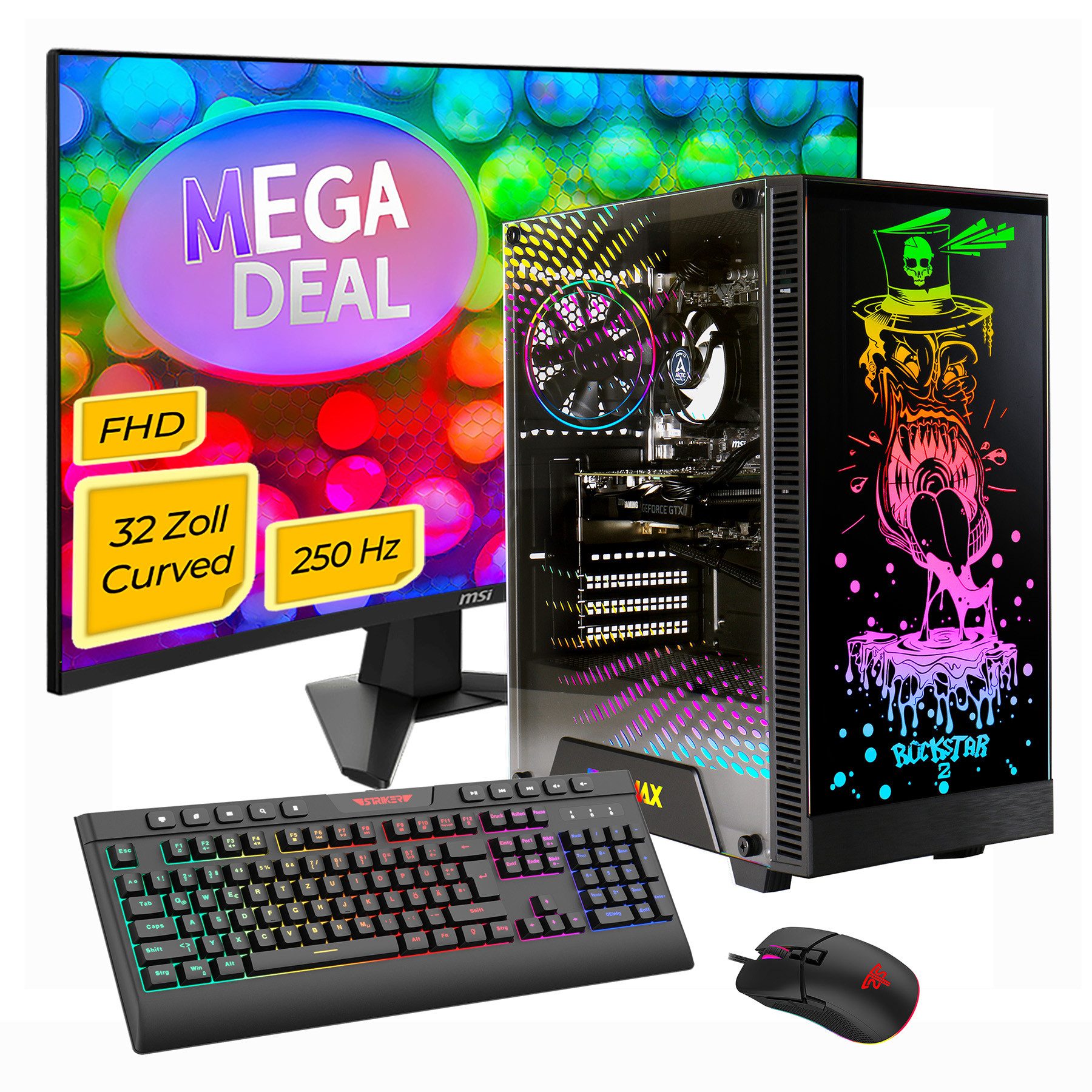 GAMEMAX MegaDeal Rockstar 2733 AMD Ryzen 7 5700X 16GB 1TB SSD RTX 5060 Gaming-PC-Komplettsystem (32", AMD Ryzen 7 5700X, RTX 5060, 16 GB RAM, 1000 GB SSD, Windows 11 + MSI MAG 32C6X Curved Monitor 80cm (32)
