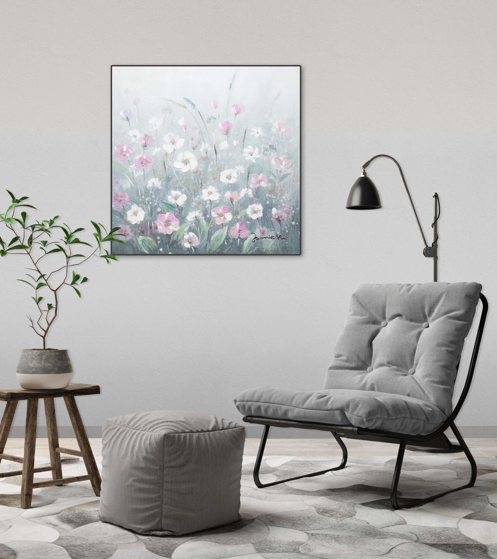 Wohnzimmer Wandbild 100% KUNSTLOFT HANDGEMALT Flowery 60x60 Meadow Gemälde Leinwandbild cm,