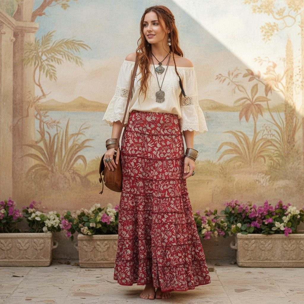 Guru-Shop Minirock Langer Boho Stufenrock, Maxirock Hippie chic,.. alternative Bekleidung