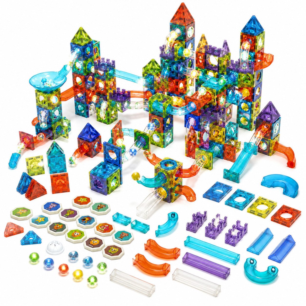 Luckice Magnetische Bausteine, Kreativspielzeug für Kinder, Lern- & Steckspiel Magnetspielbausteine, (Set, 126 St., 126-teiliges Magnetbausteine-Set mit LED-Kugelbahn, wiederverwendbar), STEM Montessori Magnetbausteine mit LED-Beleuchtung & Kugelbahn