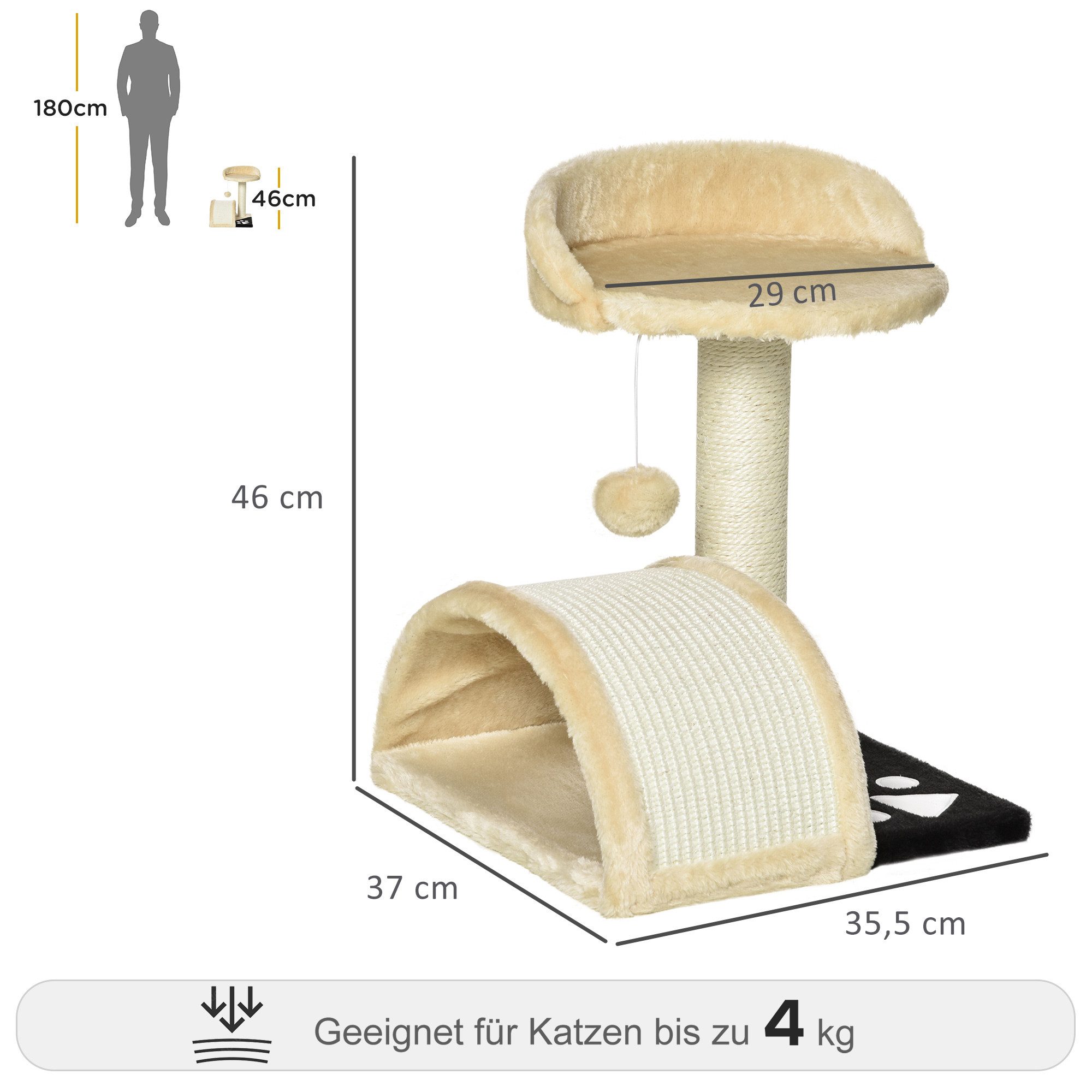 PawHut Kratzbaum Katzenbaum mit Spielbällen Katzenkratzbaum, Sisalseil-Kratzstangen, Beige, 35.5 x 37 x 46 cm