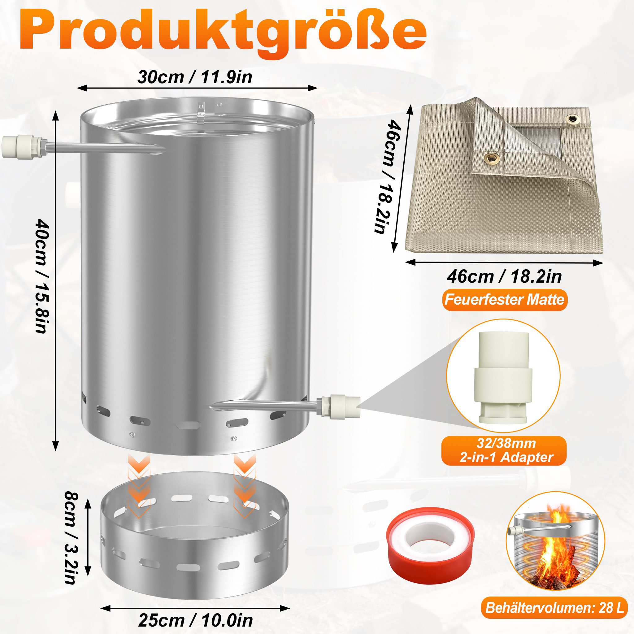 FIVMEN Pool-Wärmepumpe Poolheizung Feuertonne Edelstahl Brennholz mit Feuer Ø 30 x 45 cm (1 tlg), Schwimmbadheizung mit 32/38mm Anschlüsse 14m Eingebaute Spiralerohr