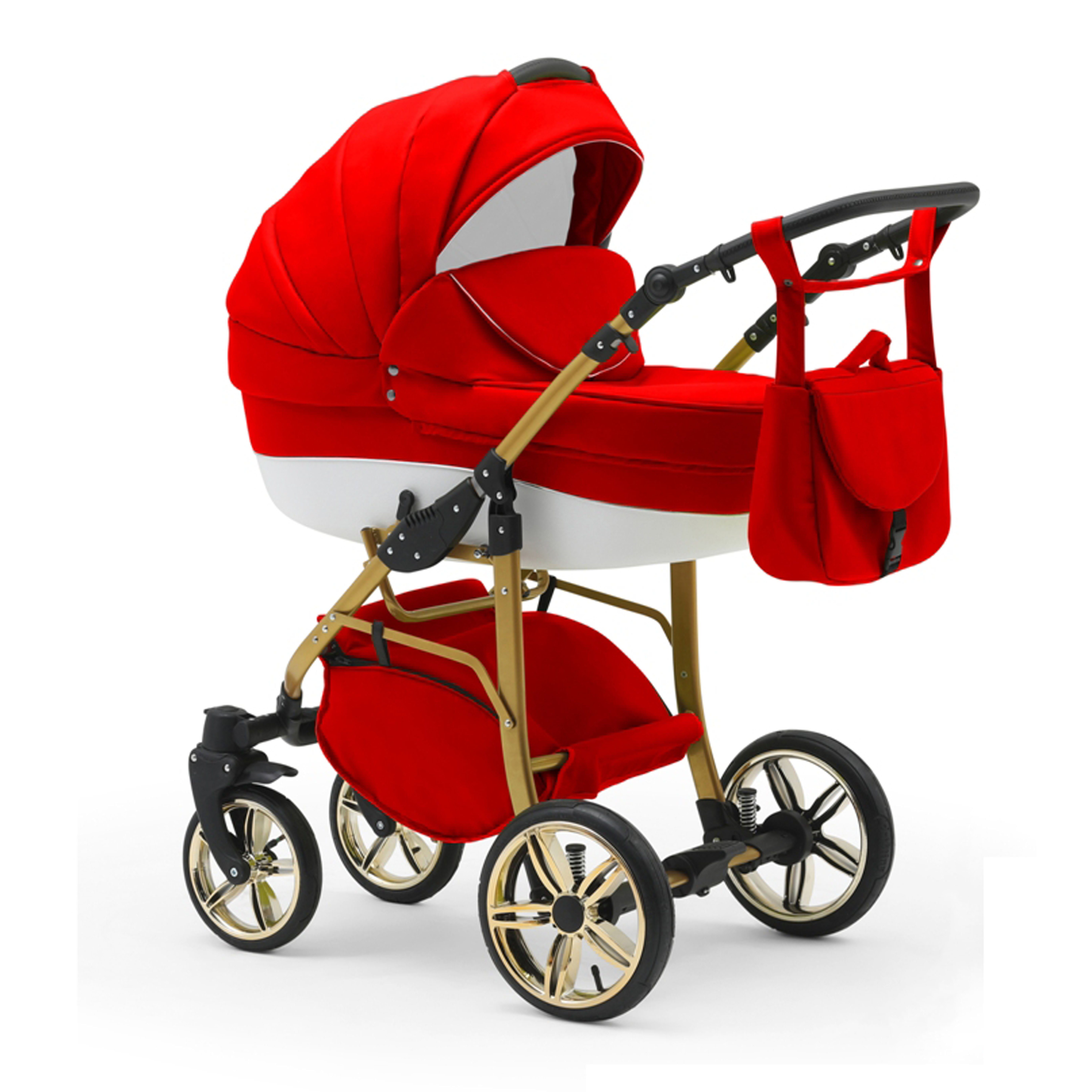 babies-on-wheels Kombi-Kinderwagen 2 in 1 Kinderwagen-Set Cosmo Gold - 13 Teile - in 46 Farben Rot-Weiß