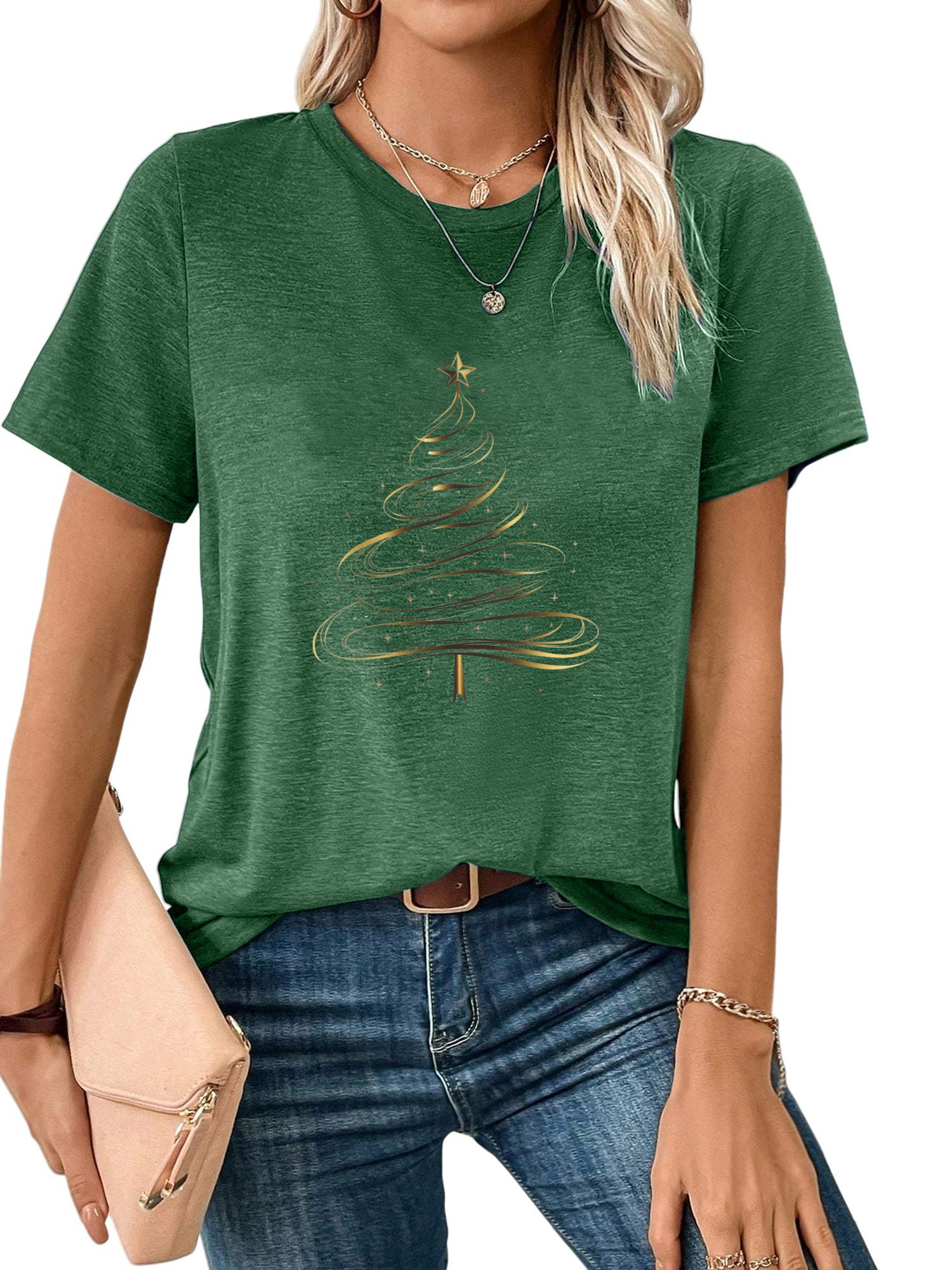 PYLIKE Kurzarmshirt Damen bequemes Kurzarmbluse Weihnachtsbaum Print-Shirt Weihnachten Special Feiertag tragen