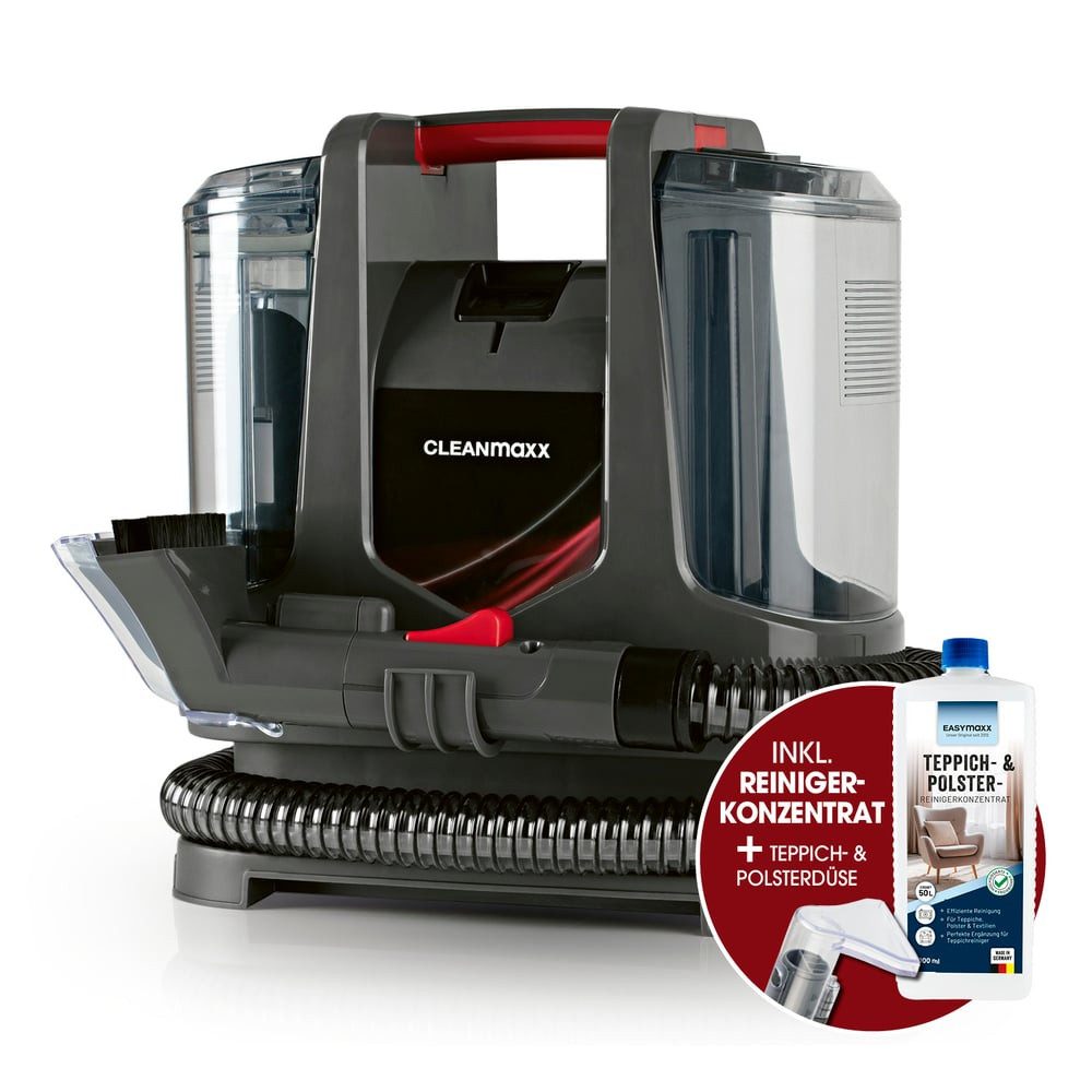 CLEANmaxx Teppichreinigungsgerät Polster- & Teppichreiniger 400W anthrazit/rot, 400 W, mit Frisch- & Brauchwassertank und Shampoo