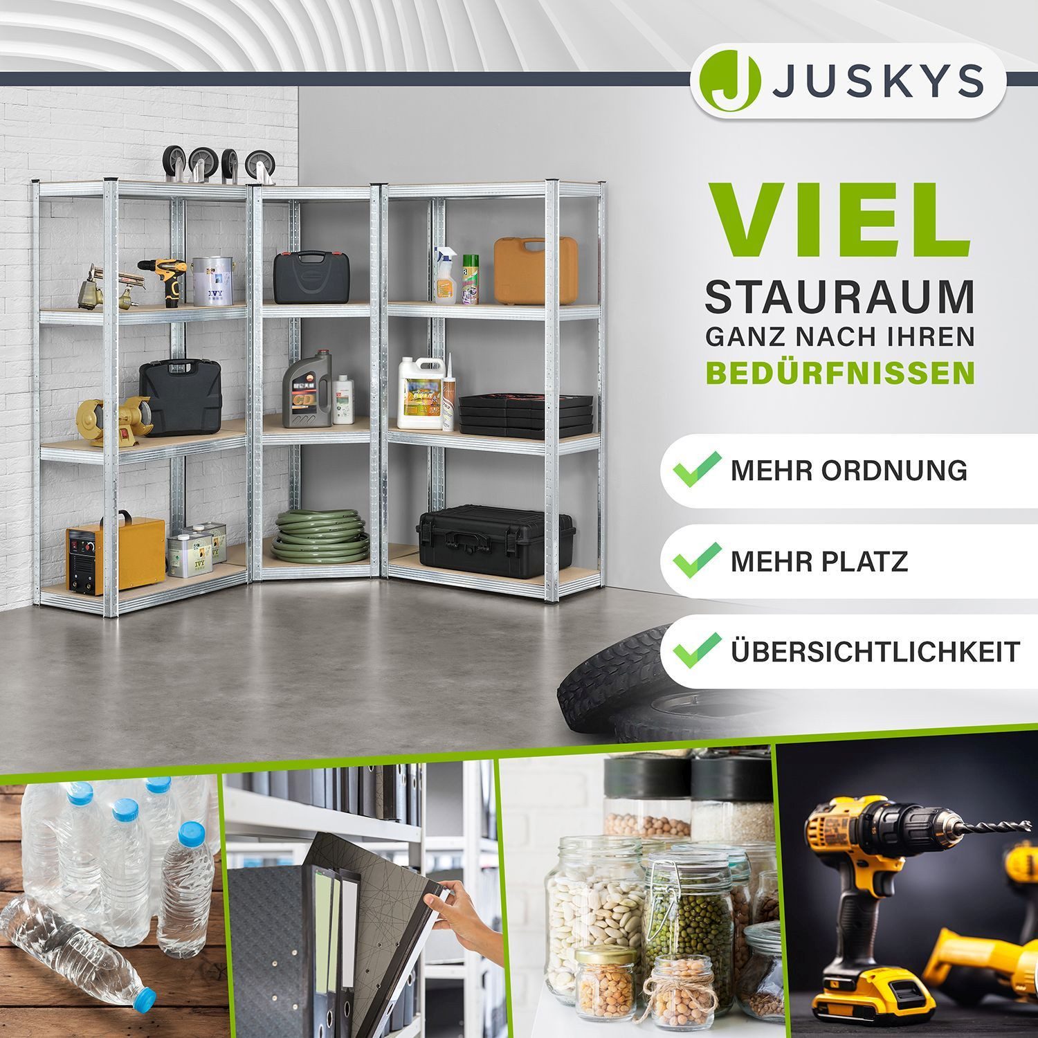 Juskys Schwerlastregal 3er Regalsystem, aus verzinktem Metall, Abstände der Böden frei wählbar