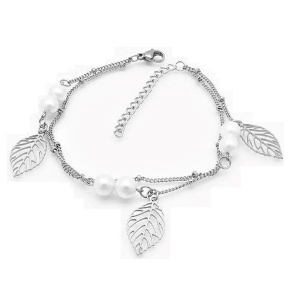 BUNGSA Armband Bettelarmband Blätter & Perlen Silber aus Edelstahl Damen (1 Armband, 1-tlg), Bracelet Armschmuck