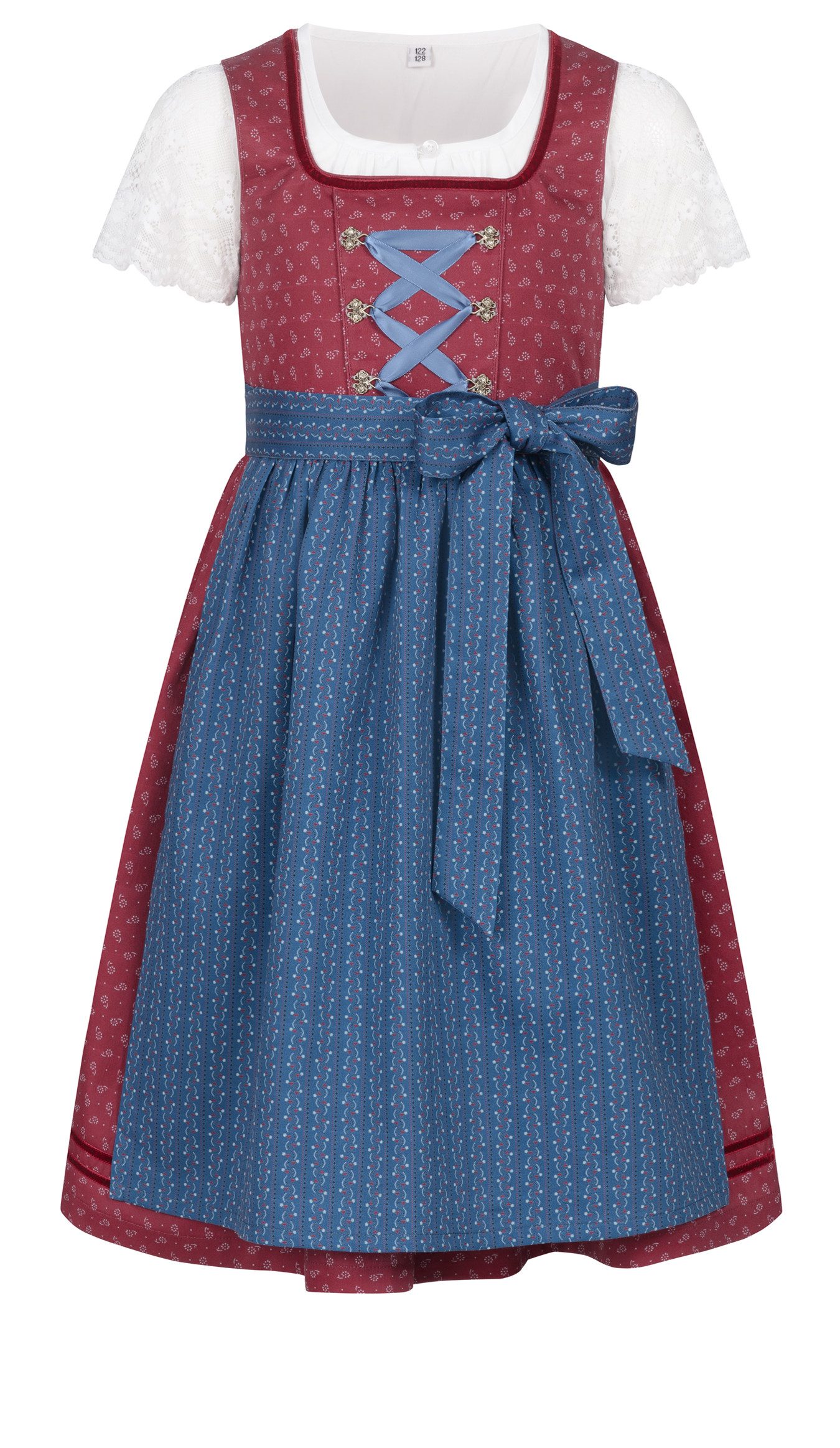 Nübler Dirndl Kinderdirndl Gesr in Rot Blau, 3-teiliges Set - Rocklänge knielang