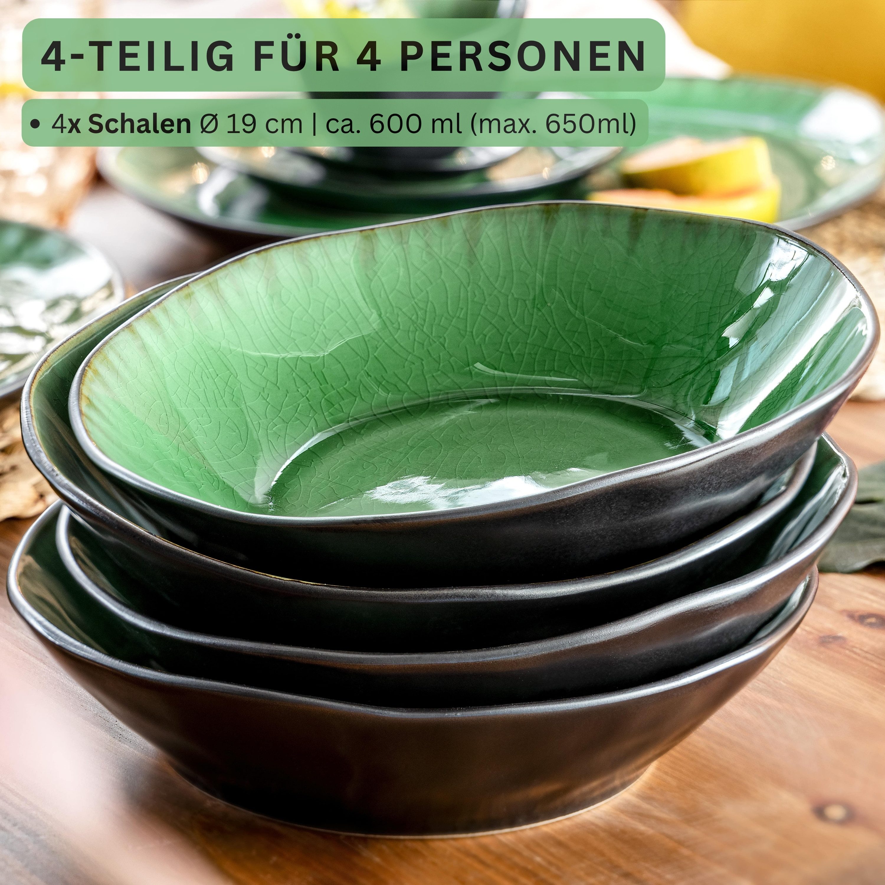 SÄNGER Suppenteller Set Palm Beach, Grün Schwarz, (4 St), Ø19x5cm, 600 ml, Handmade, Premium Collection
