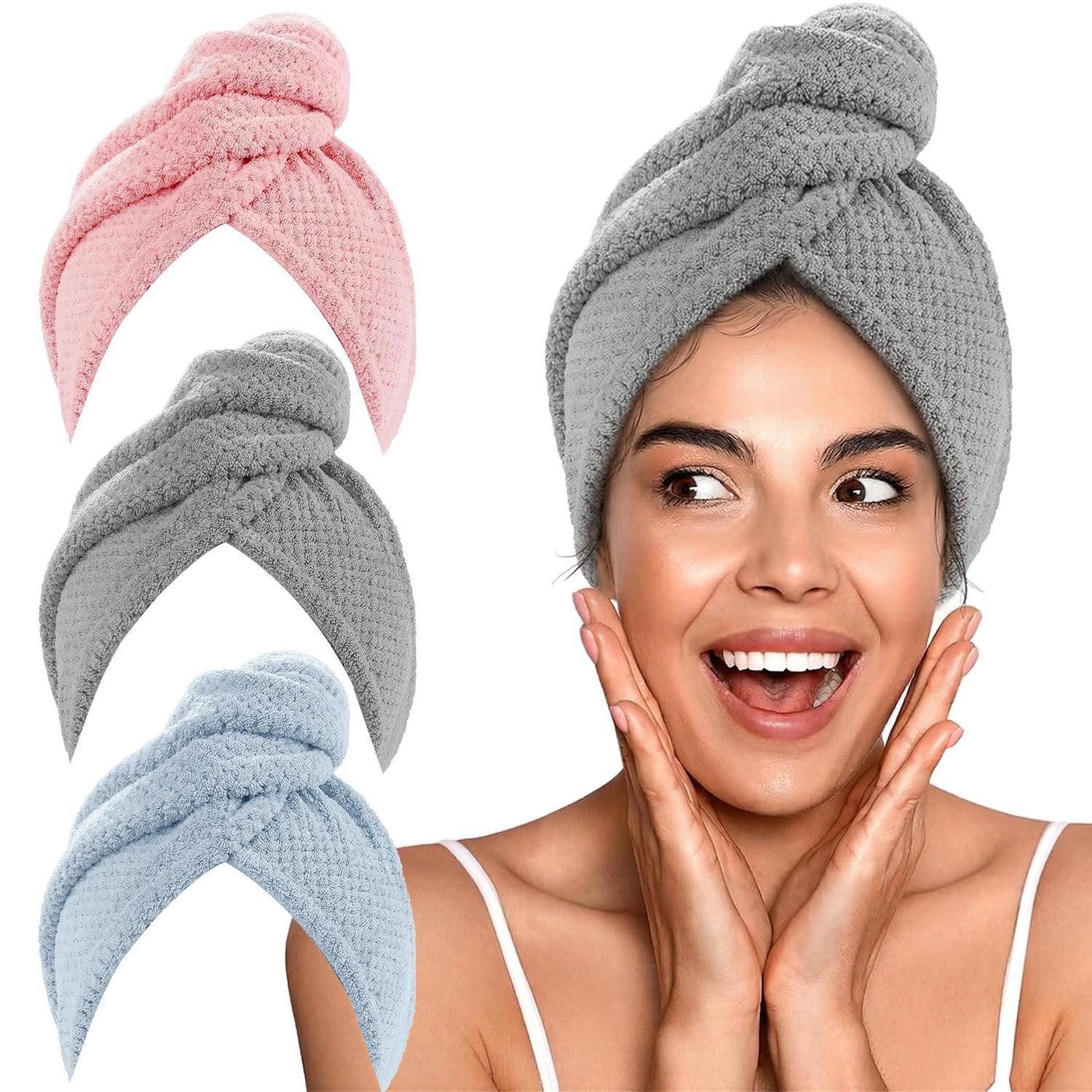 LuxusKollektion Turban-Handtuch Haarturban Mikrofaser 3er-Set mit Knopfverschluss