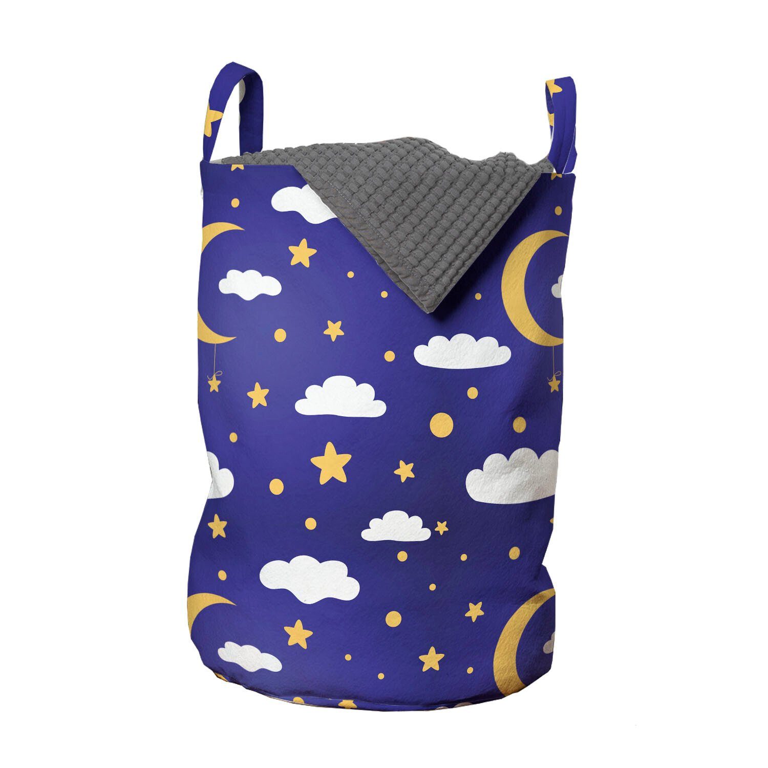 Abakuhaus Wäschesäckchen Wäschekorb mit Griffen Kordelzugverschluss für Waschsalons, Himmel Mond-Sterne-Punkte und Wolken Art