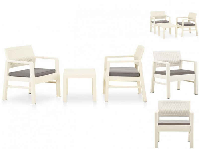 vidaXL Garten-Essgruppe 3-tlg Garten Lounge Set mit Auflagen Kunststoff Weiß Sitzgruppe Set Lo