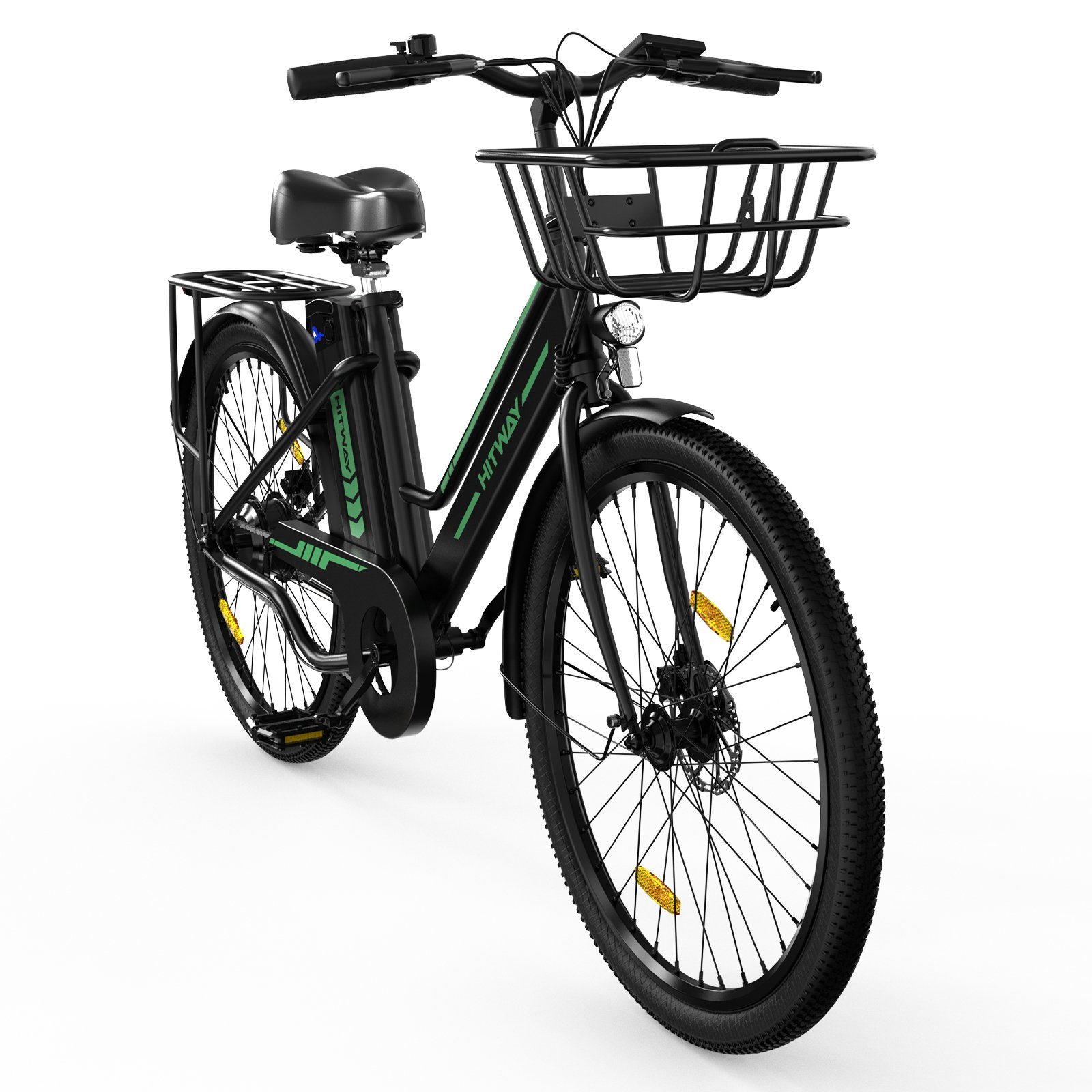 HITWAY E-Bike 26 Zoll E-Fahrrad Herren schwarz-Fahrradkorb 8.4AH Damen Pumpe/Fahrradschloss Heckmotor, Batterieladegerät/ 36V 25km/h,35-70KM, für