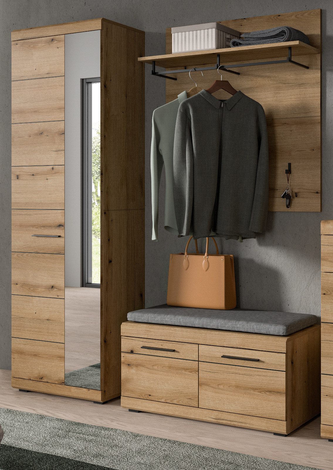 Inn.Furn Garderoben-Set Shawn, (Flurgarderobe in Evoke Eiche Dekor, 3-teilig, 165 x 197 cm), variabel einrichtbarer Garderobenschrank