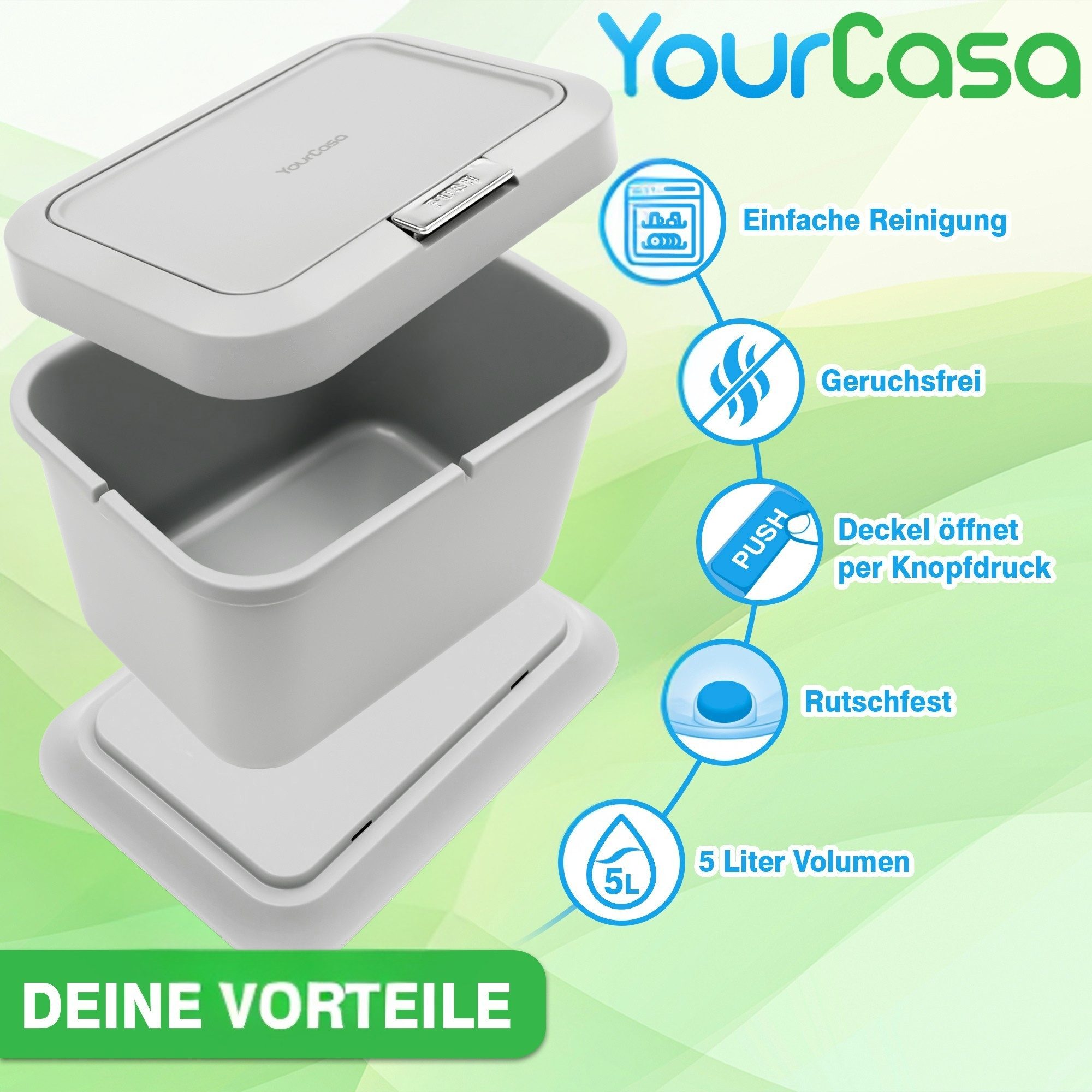 YourCasa Biomülleimer Küche 5L - Deckel mit Knopfdruck-Mechanismus- Komposteimer, Deckel mit Knopfdruck-Mechanismus, Antirutsch