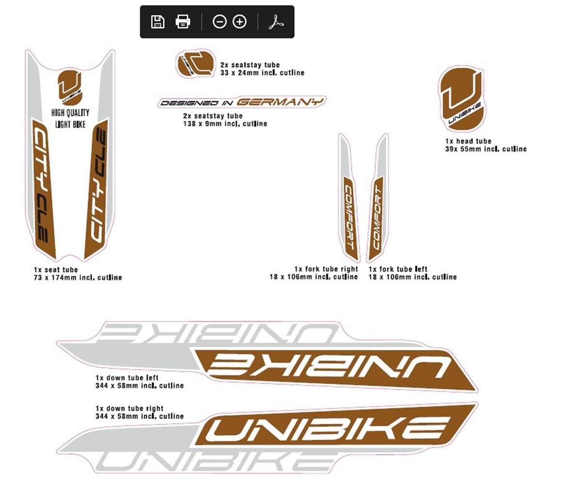 Non-Branded Fahrradrahmen Fahrrad Наклейка UNIBIKE Dekor Rahmen Sticker 10 teilig kupfer silber