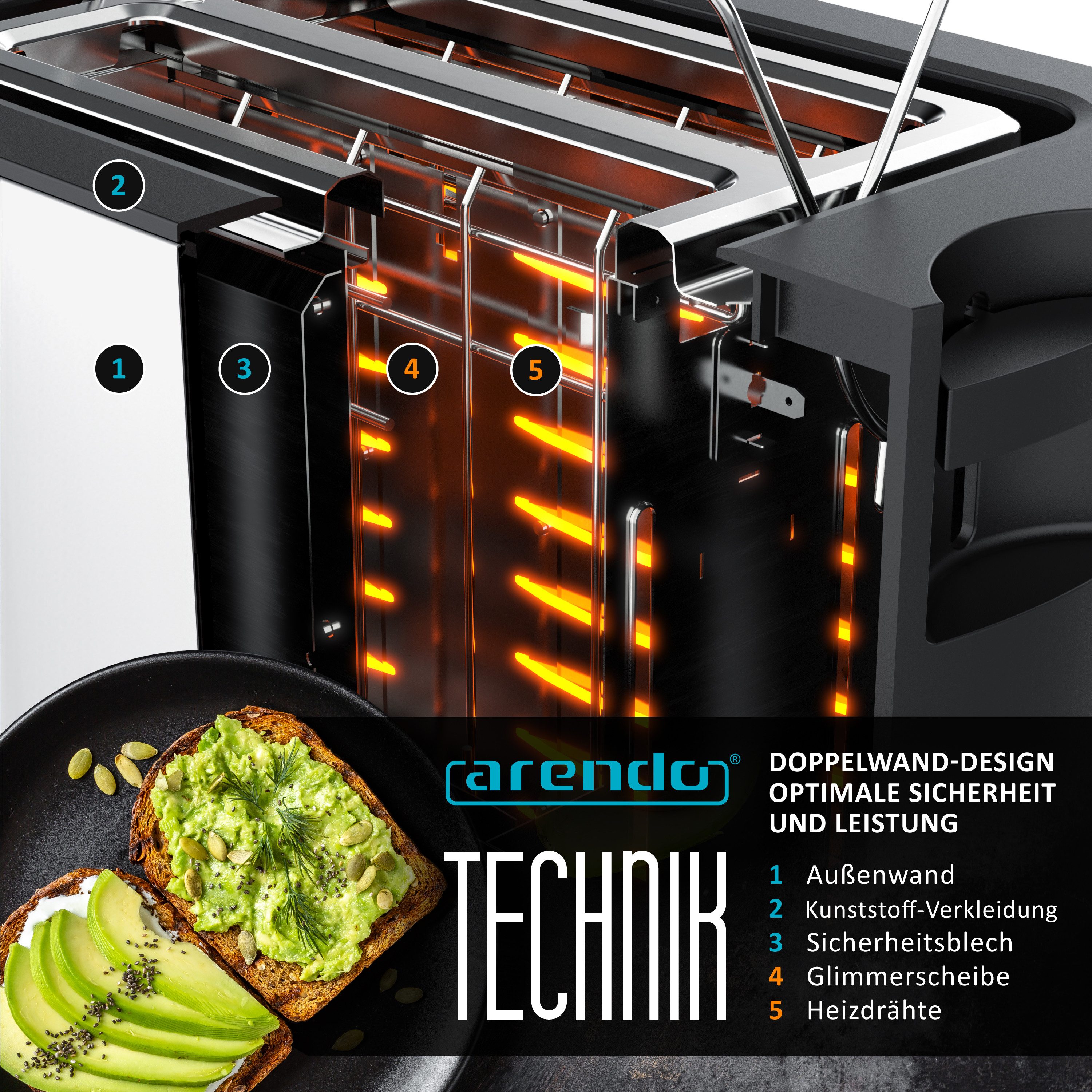 Arendo Toaster Wärmeisoliertes Doppelwandgehäuse, Display mit Restzeitanzeige, 2 kurze Schlitze, für 2 Scheiben, 800 W, Touchpanel, Brötchenaufsatz, 7 Bräunungs – Bild 5 von 5