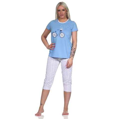 Normann Pyjama Damen Capri Pyjama, Schlafanzug mit Front-Print und Punkten
