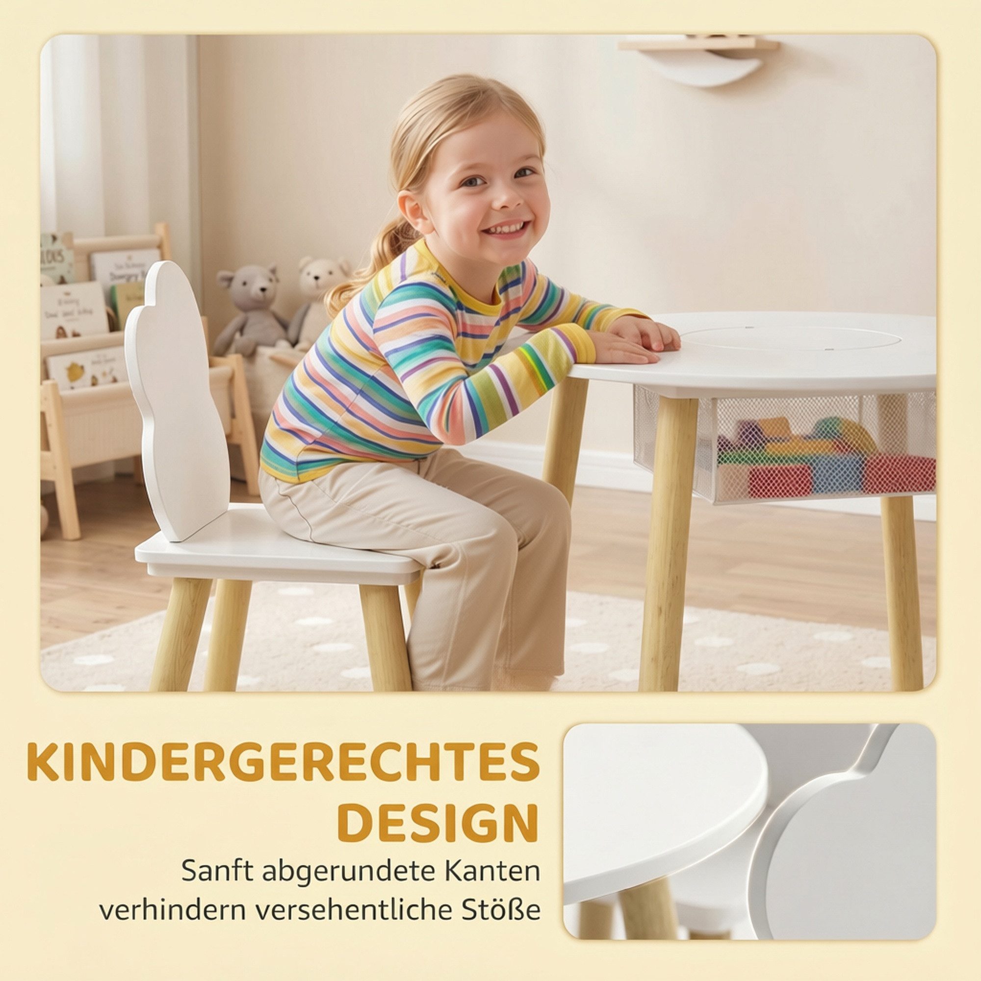 AIYAPLAY Kindersitzgruppe Kindertisch mit Aufbewahrungsnetz, Wolken-Design, Tisch Stuhl Set, (mit Holzbeinen, 3-tlg., 1 Tisch, 2 Stühle), für Kinderzimmer, für  – Bild 4 von 5