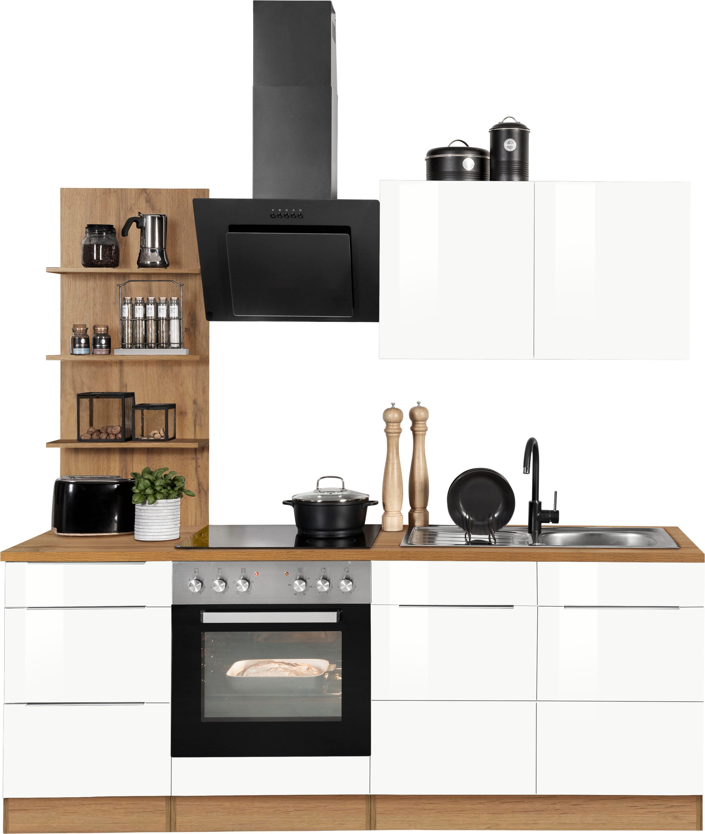 HELD MÖBEL Küchenzeile Brindisi, mit E-Geräten, Breite 210 cm weiß Hochglanz/wotaneichefarbe | wotaneichefarben | Küchenzeilen mit Geräten
