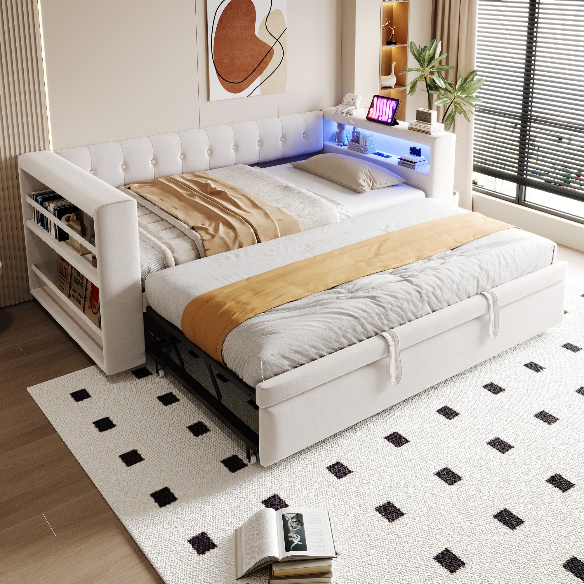 Flieks Daybett, Polsterbett Schlafsofa 90/180×190cm mit LED, Steckdose und Ausziehbett