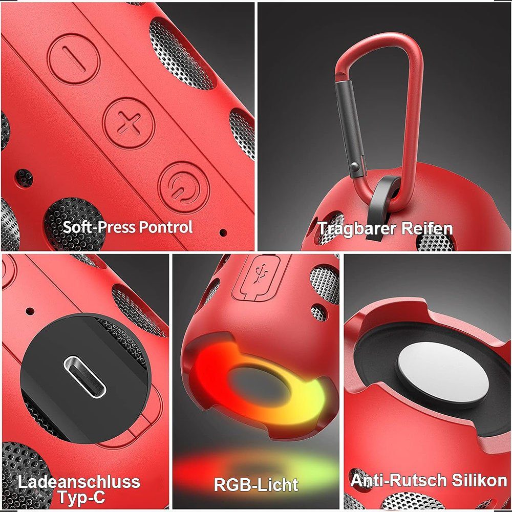 TUABUR Tragbarer Bluetooth-Lautsprecher, kabelloses Bluetooth-Lautsprecher 360°-Sound-Mikrofon Rot