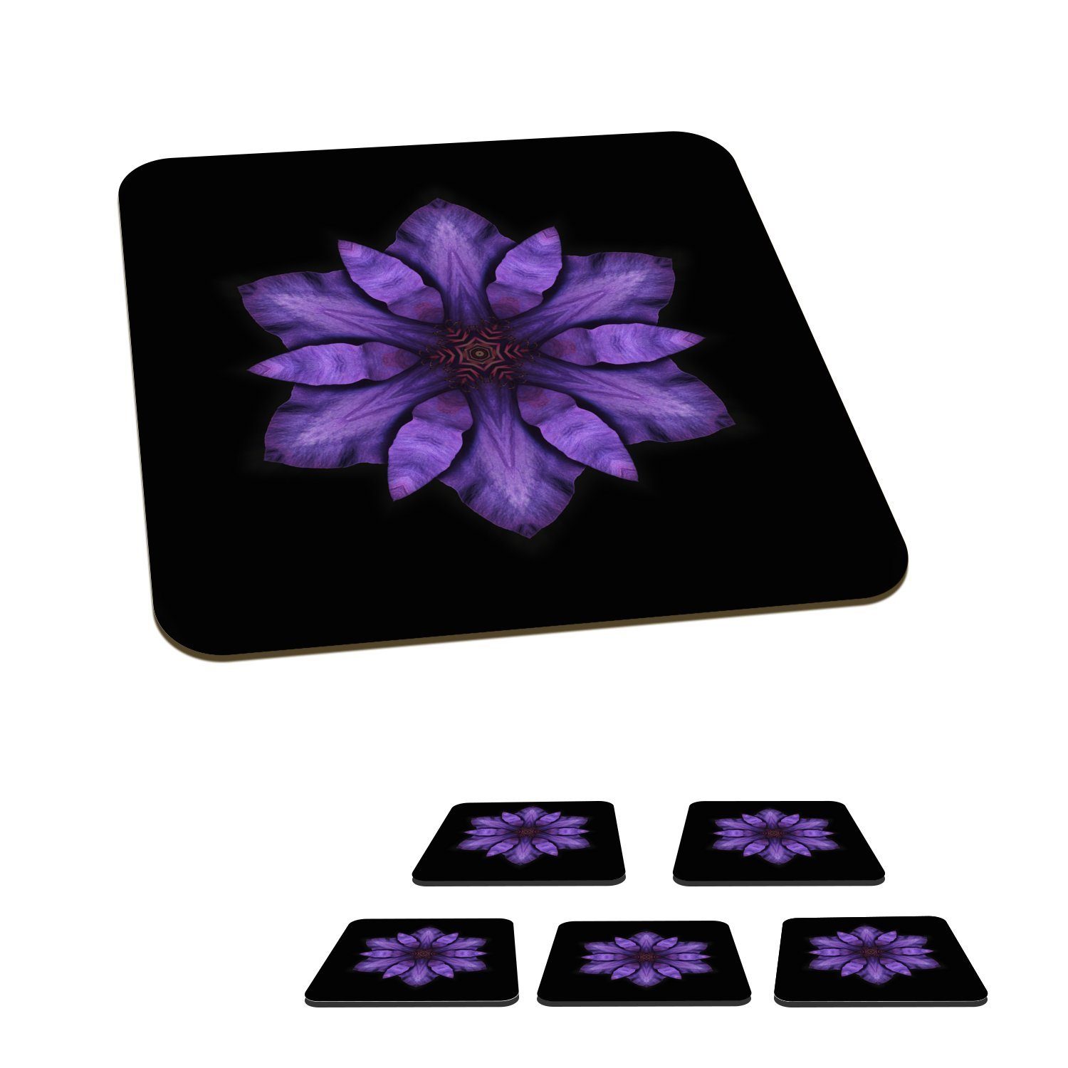 MuchoWow Glasuntersetzer Ein lila Clematis Mandala auf schwarzem Hintergrund, Zubehör für Gläser, 6-tlg., Glasuntersetzer, Tischuntersetzer, Korkuntersetzer, Untersetzer, Tasse