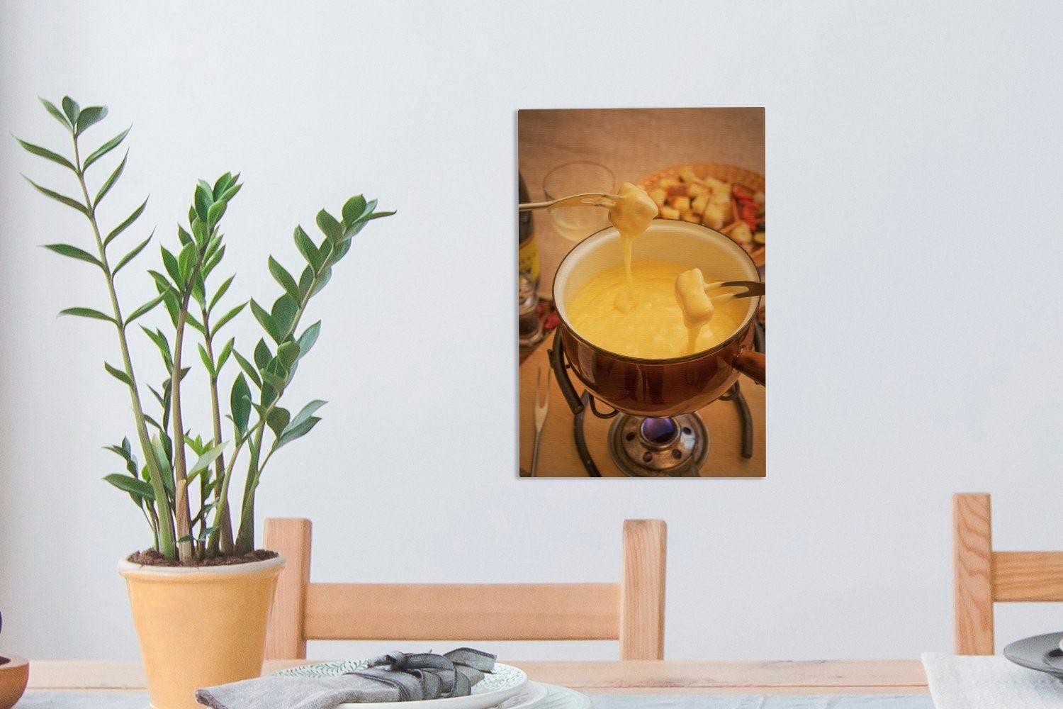 OneMillionCanvasses® auf Käsefondue Zackenaufhänger, Leinwandbild cm Gemälde, bespannt 20x30 (1 Leinwandbild fertig St), Schweizer Gasherd, inkl. einem
