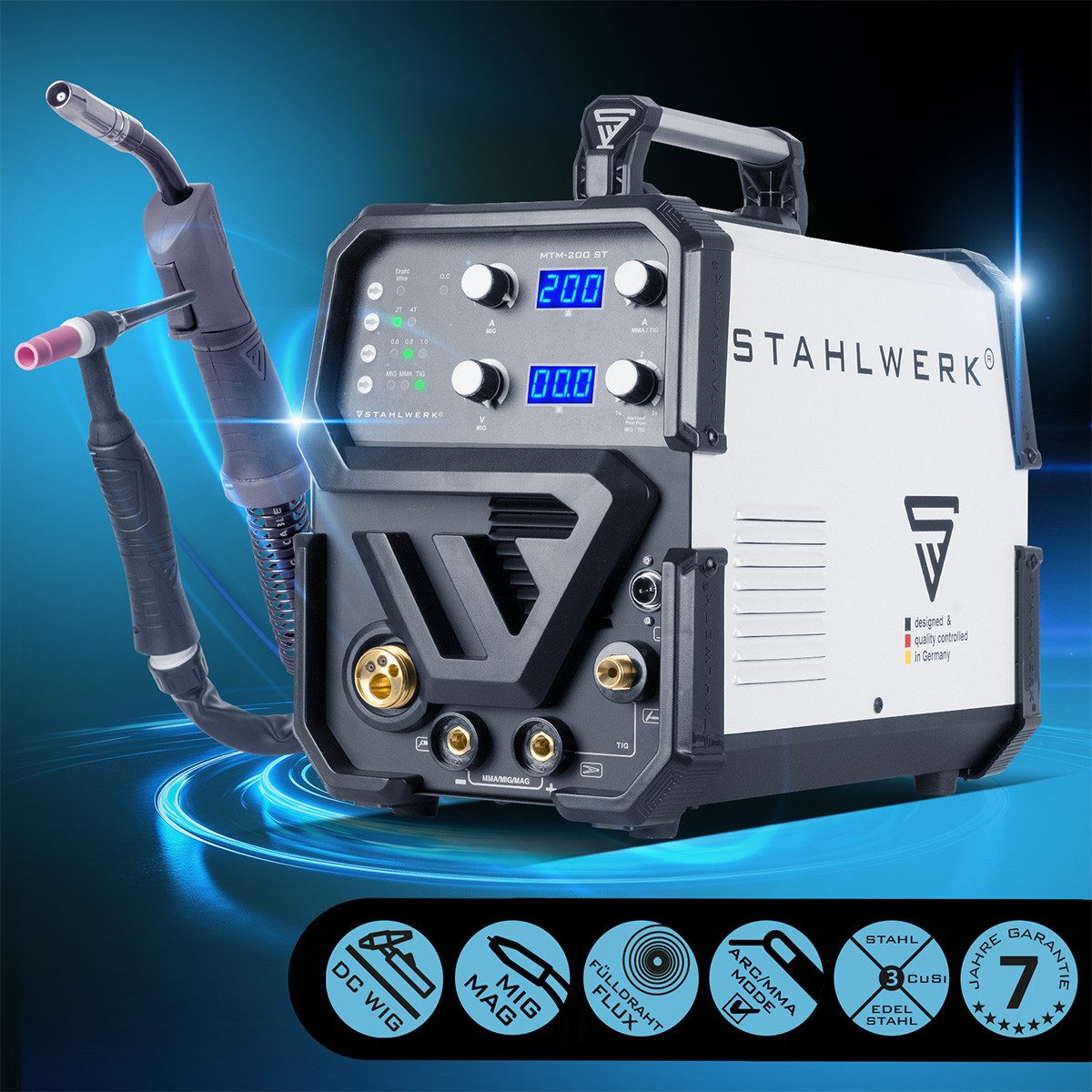 STAHLWERK Inverterschweißgerät Kombi-Schweißgerät MTM-200 ST 3-in-1, 10 - 200 A, Packung}, 12-tlg., Einzelgerät, mit 200 A und synergischem Drahtvorschub